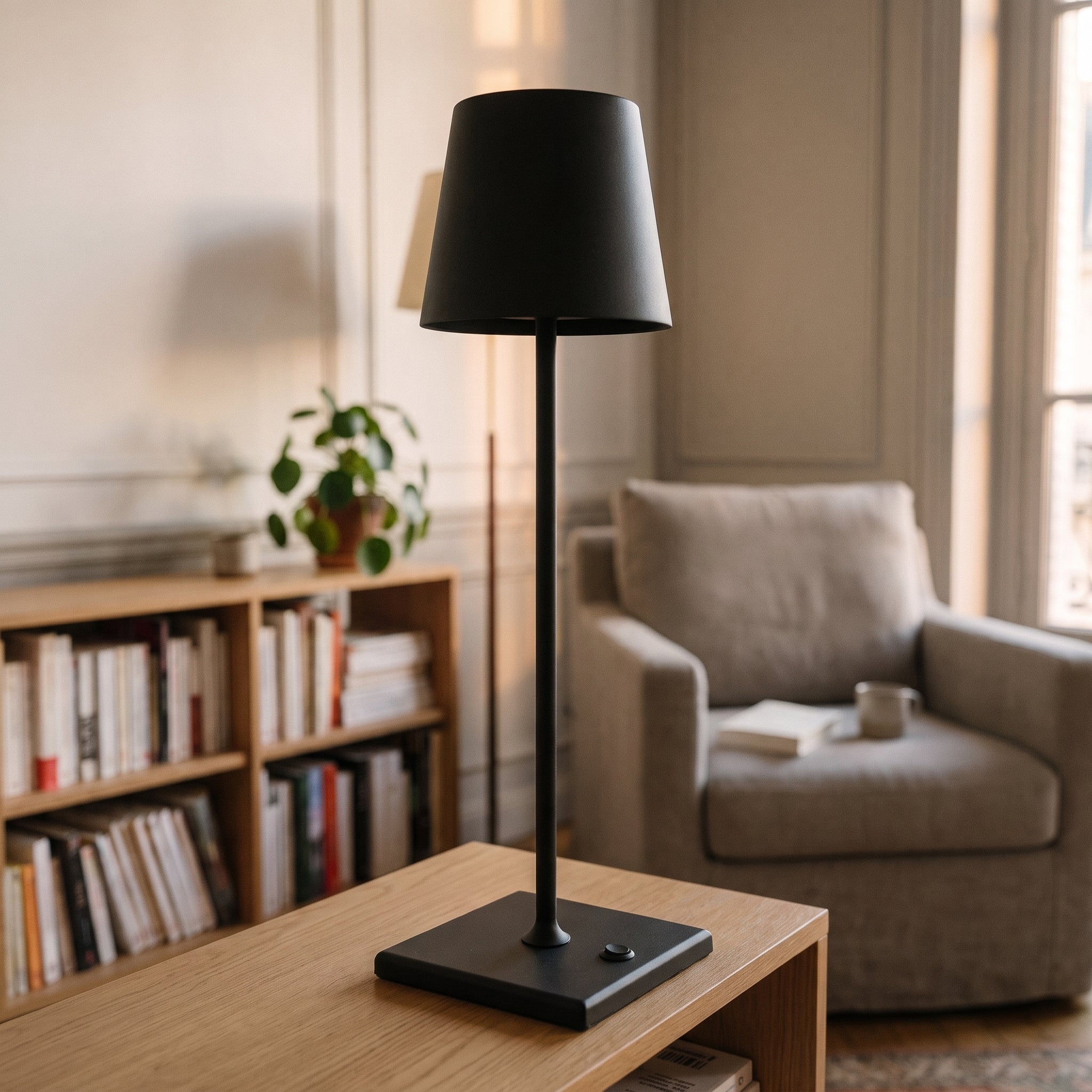 Gros plan de la lampe de table sans fil noire, abat-jour conique et socle carré Image