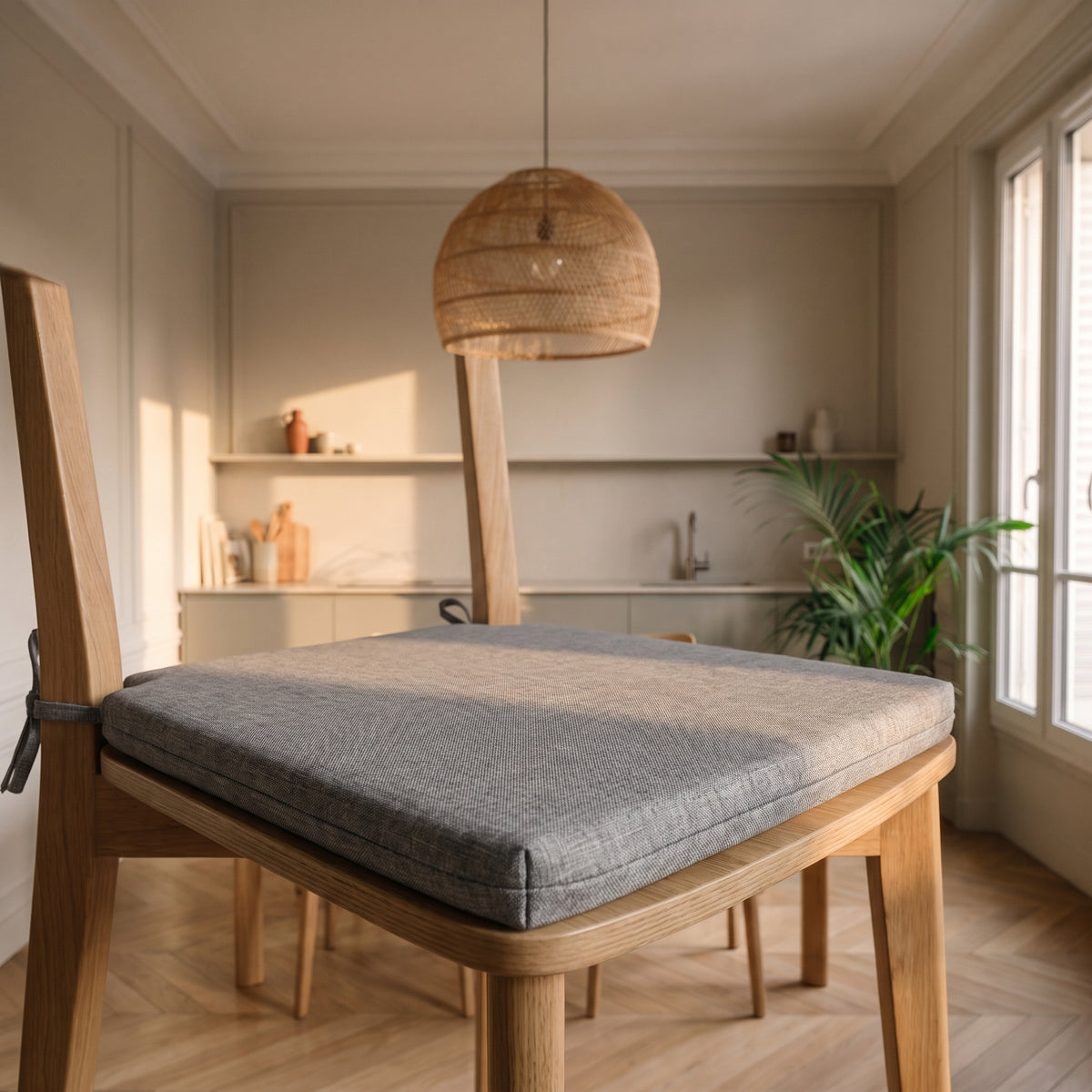 Détail du tissage et de la couture d’un coussin de chaise gris Image
