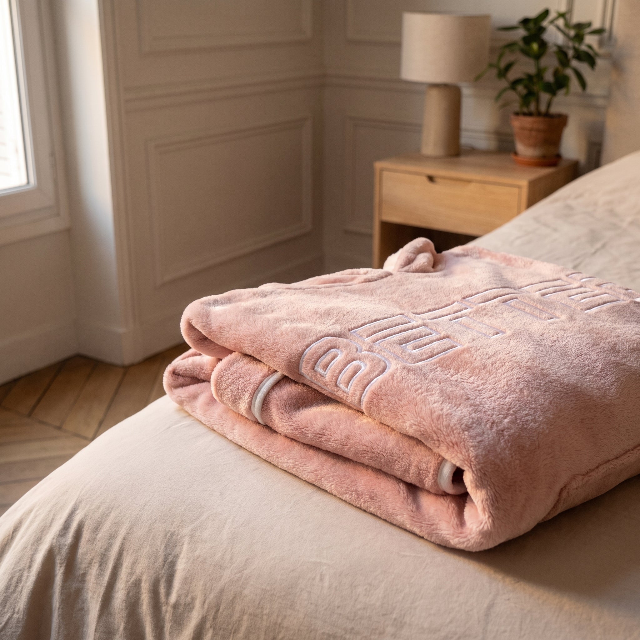 Gros plan sur la polaire du pyjama rose replié : le liseré blanc et le mot Better en lettres claires Image