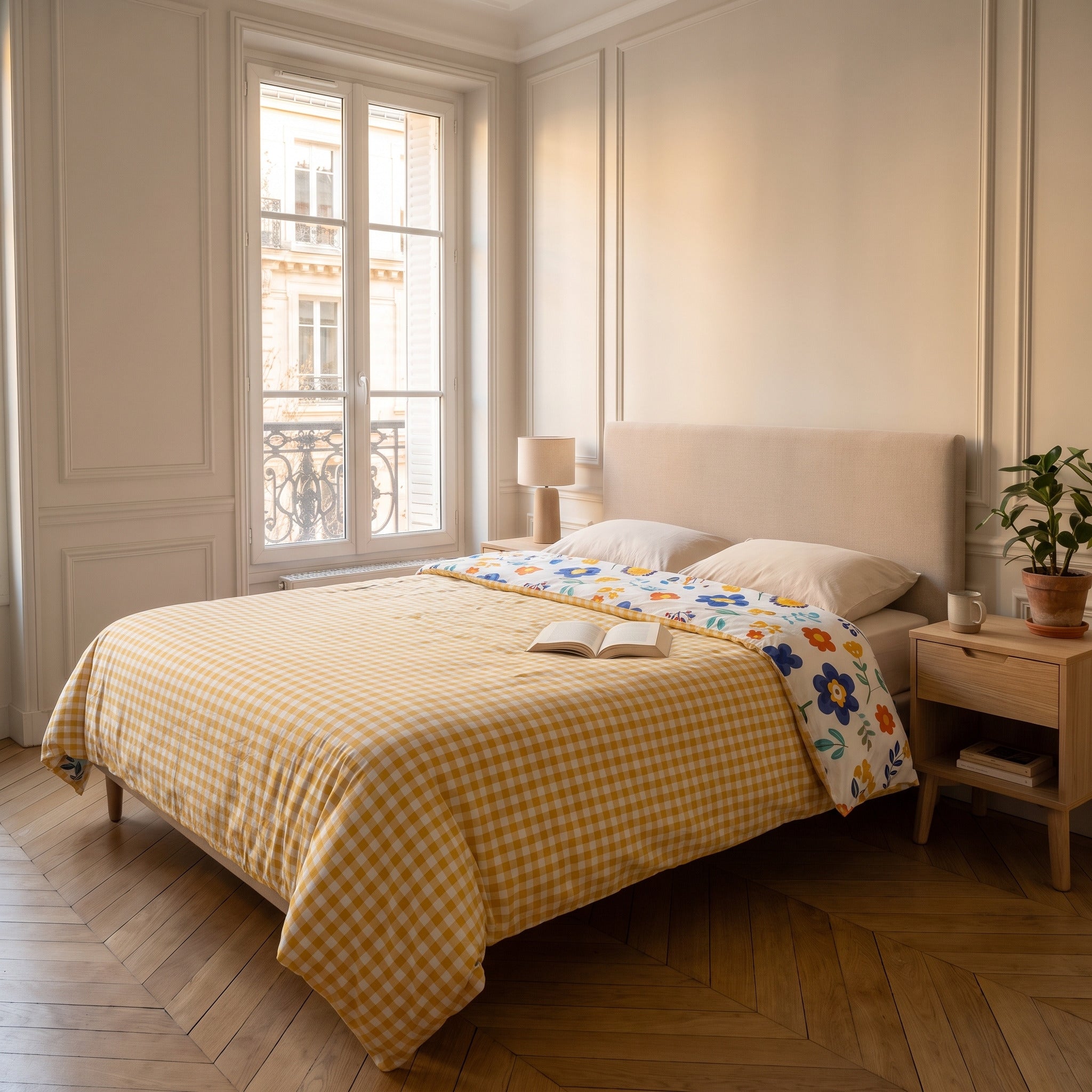 Housse de couette retournée côté vichy jaune sur un lit deux places Image