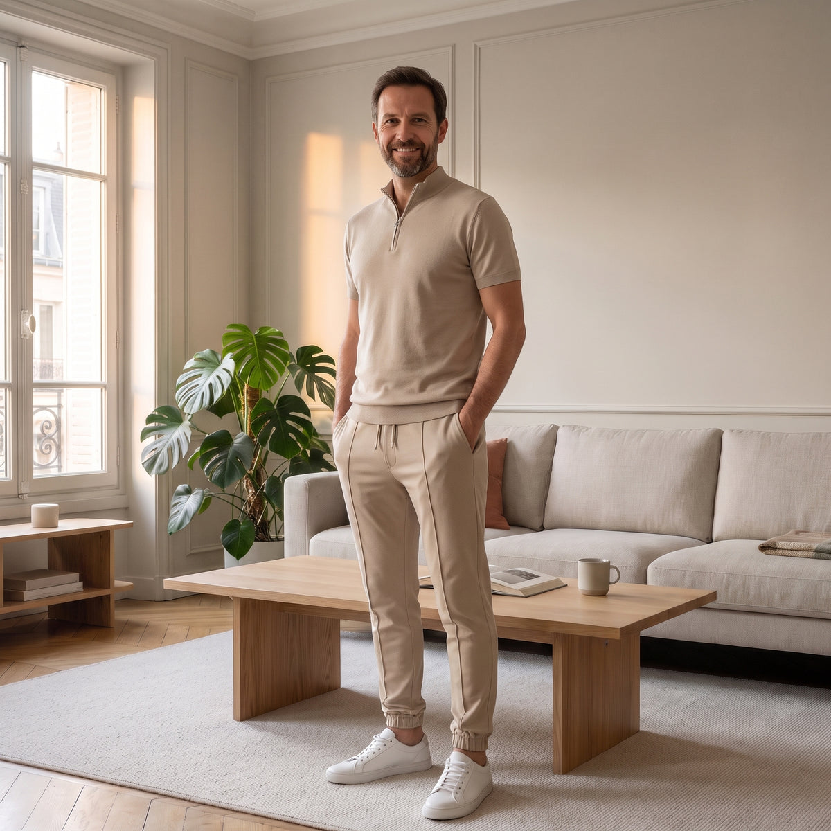Homme les mains dans les poches en ensemble beige Image
