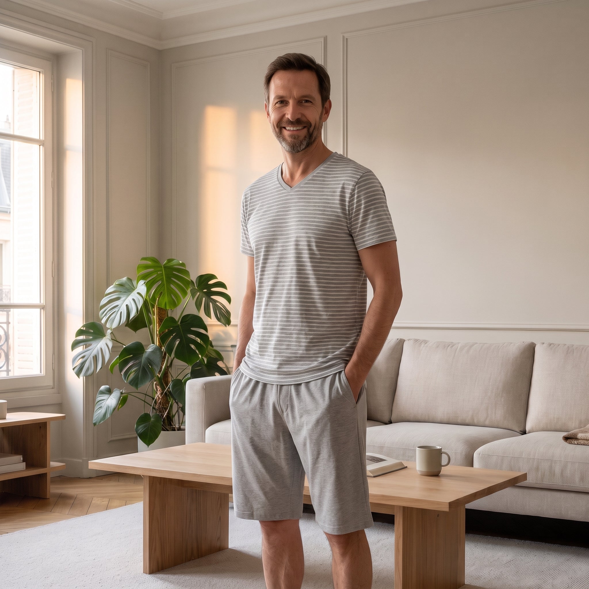 Ensemble homme rayé gris porté, les mains dans les poches du short Image