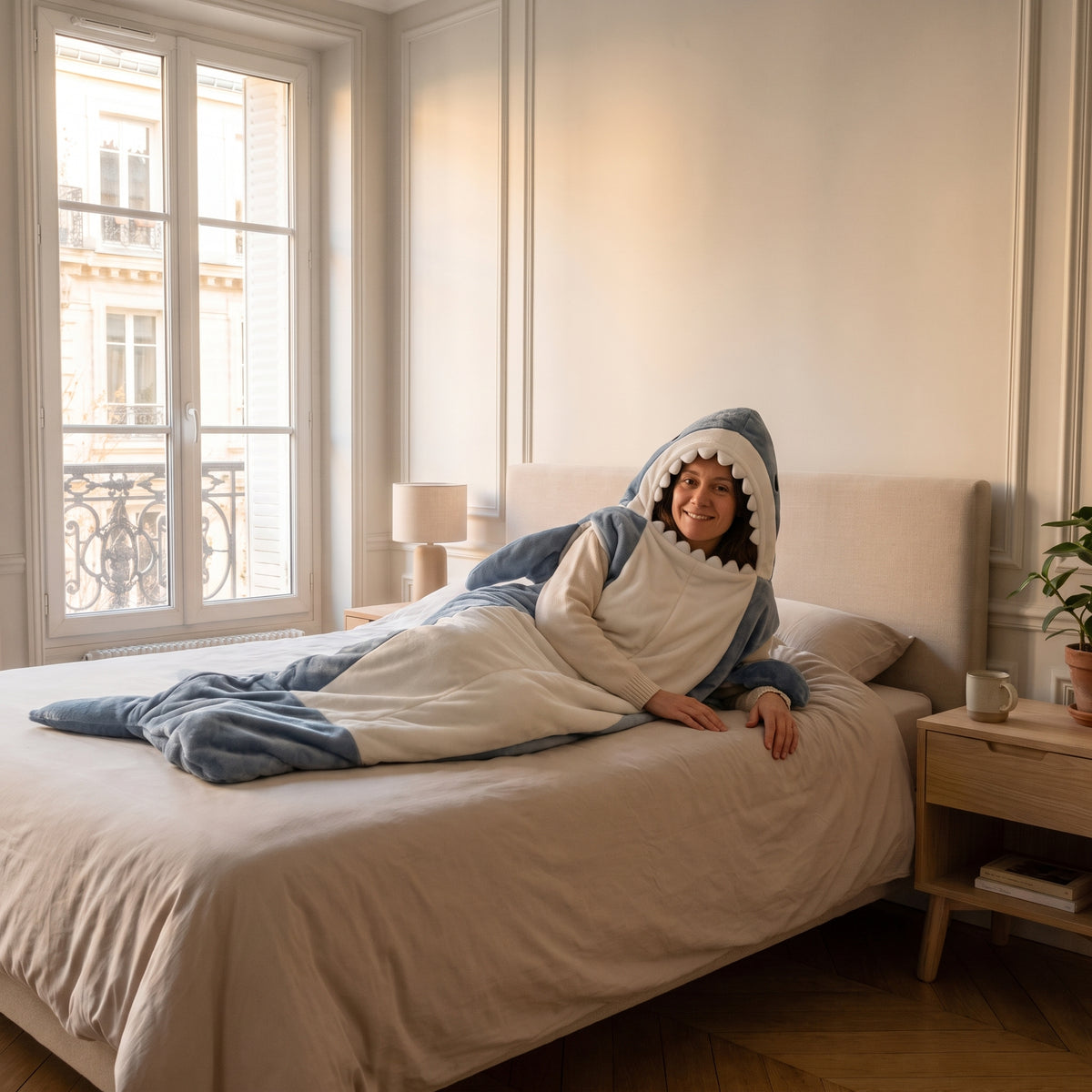 Femme allongée sur un lit dans le plaid requin bleu-gris, capuche relevée Image