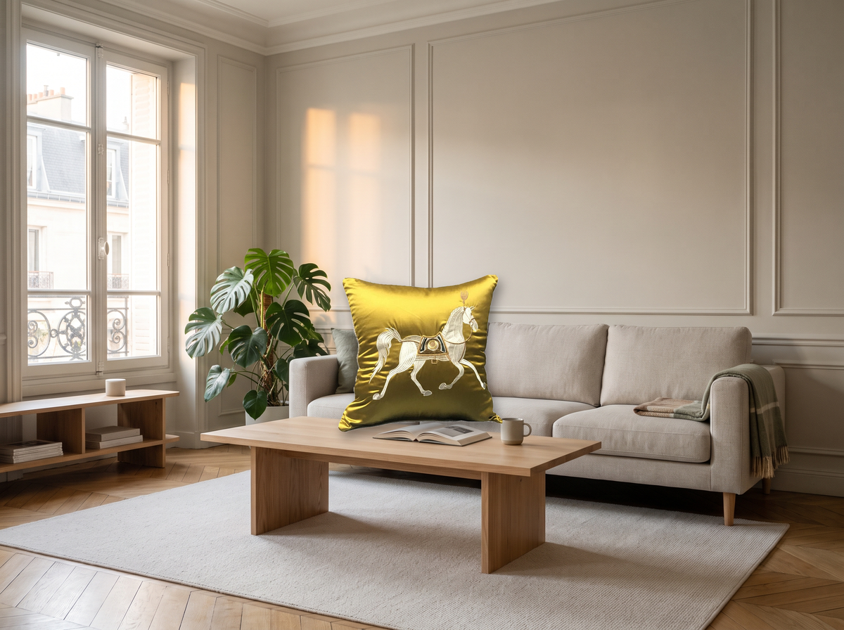 Détail du motif cheval blanc sur le coussin jaune satiné Image