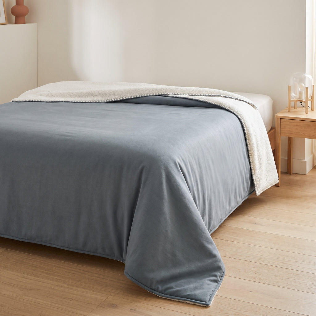La couverture gris bleu depliee sur un lit deux places, retombee de chaque cote