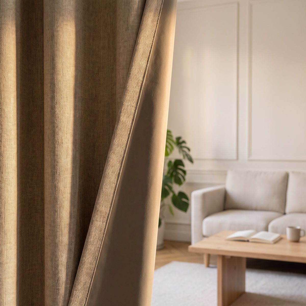 Le bord du pan beige retourné : la toile chinée devant, l'envers lisse et la couture qui les réunit Image