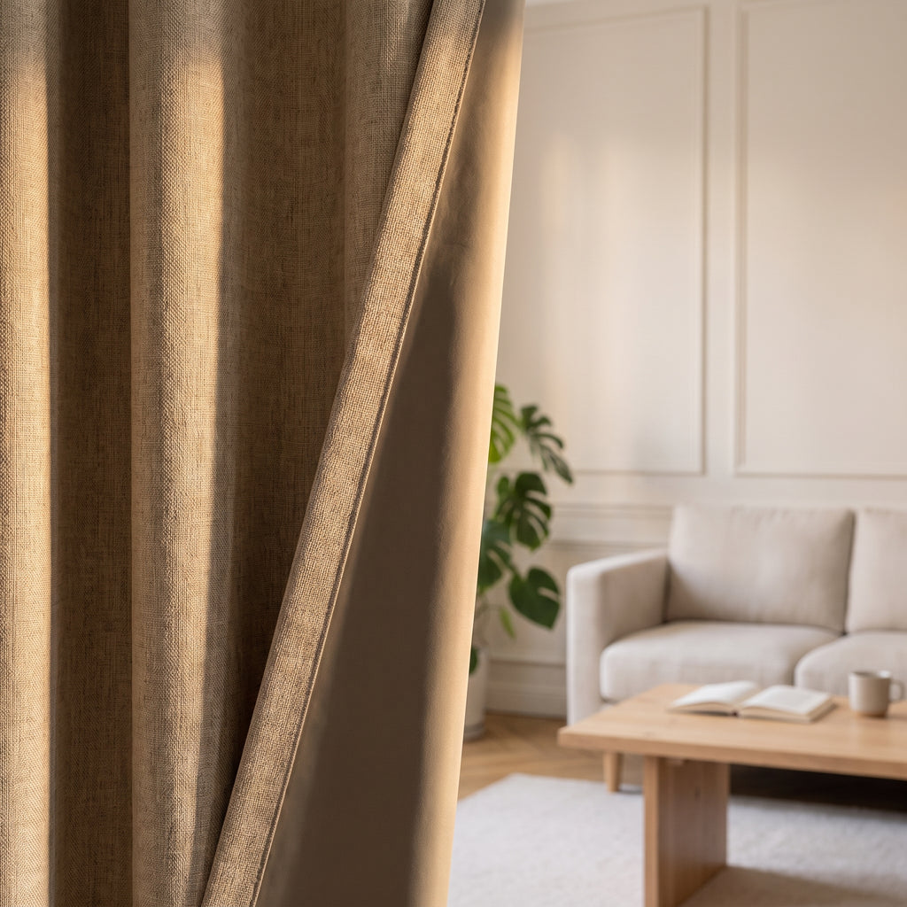 Le bord du pan beige retourné : la toile chinée devant, l'envers lisse et mat derrière, et la couture qui les réunit