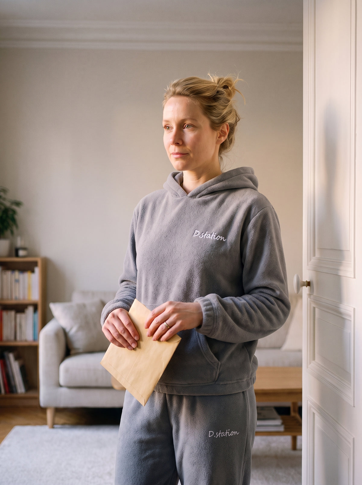 Femme dans son entree en ensemble pyjama d'hiver en flanelle polaire gris taupe, inscription centree