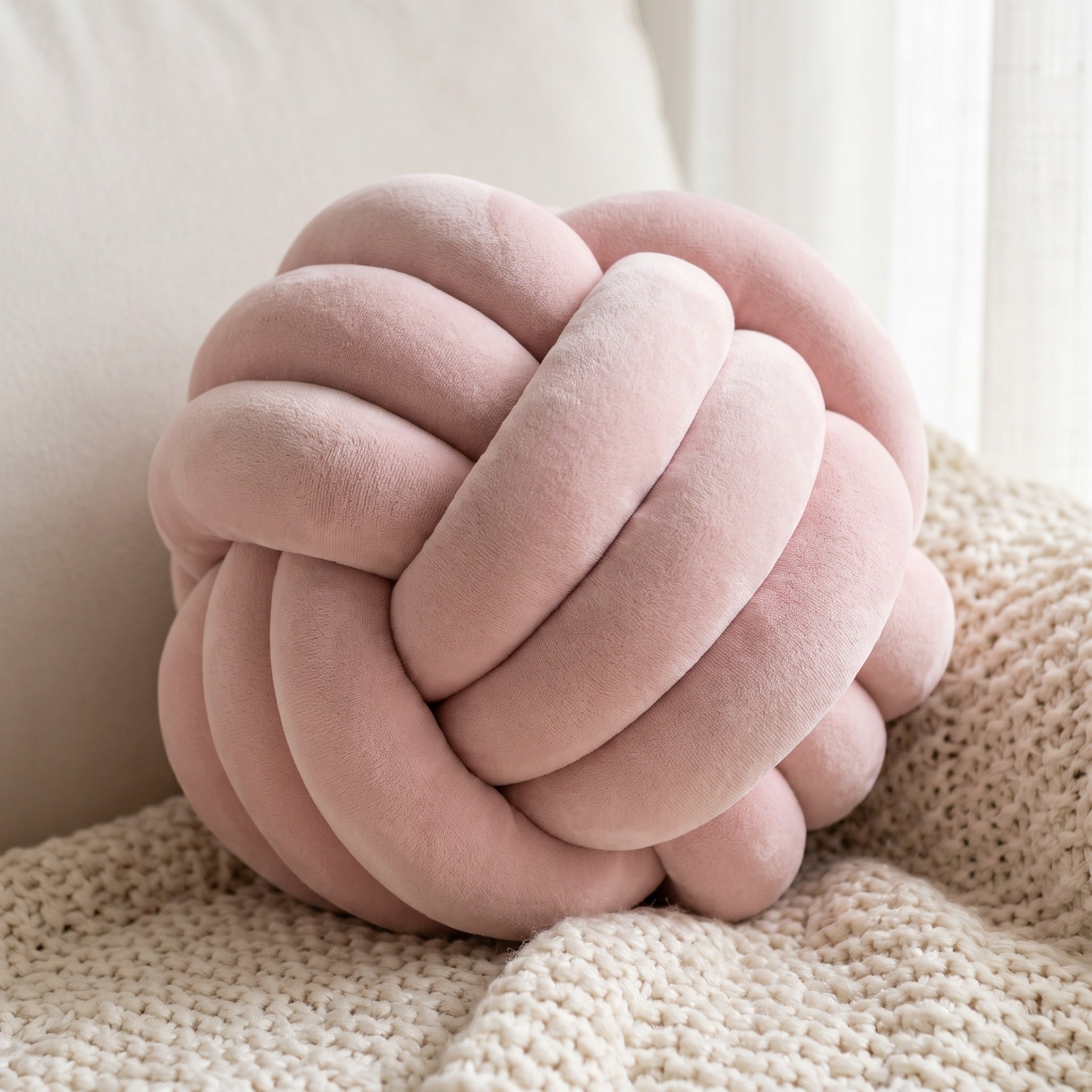 Coussin nœud rose clair posé sur un plaid en maille crème, le velours plus clair sur les brins tournés vers la lumière Image