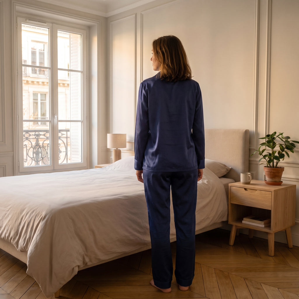 Vue de dos du pyjama satiné bleu dans une chambre lumineuse