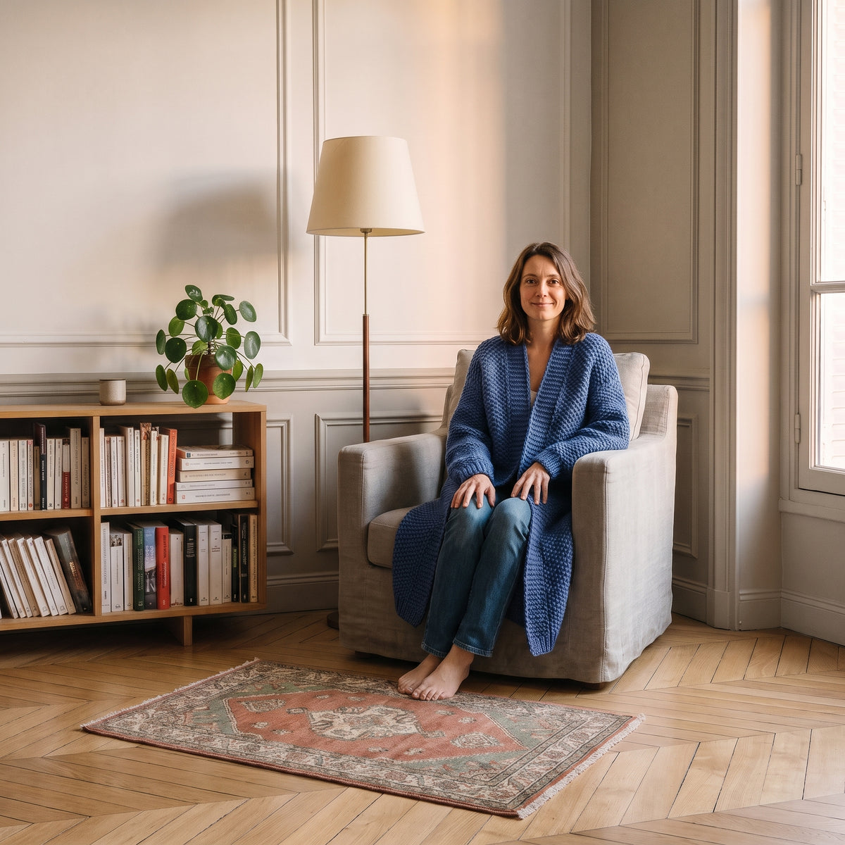 Cardigan long femme bleu assise dans le coin lecture Image