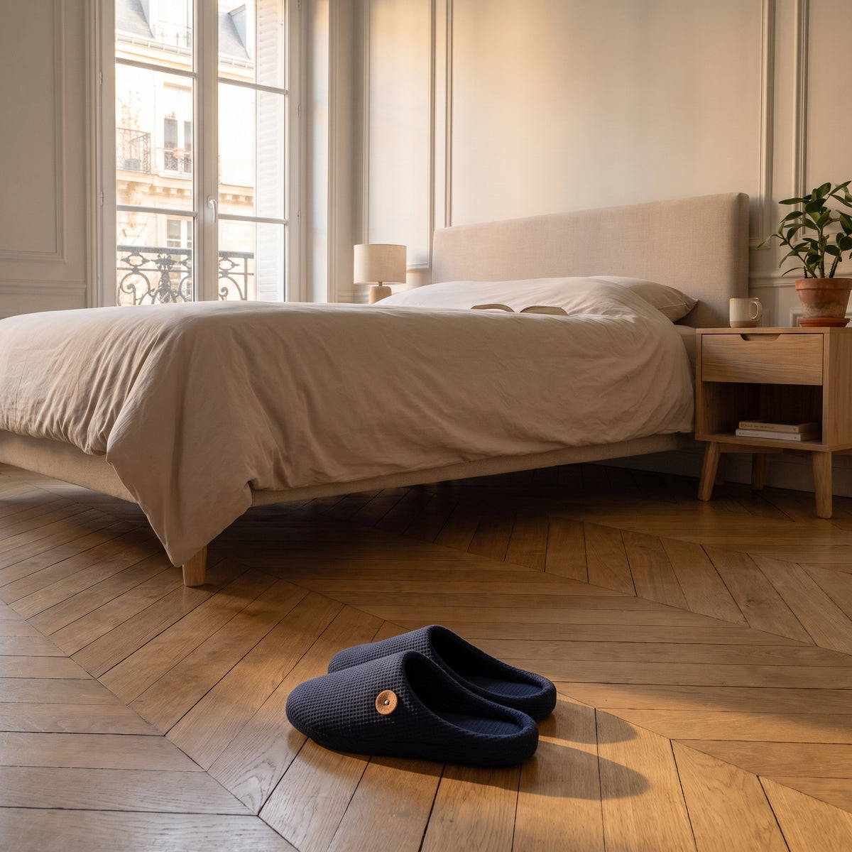 Paire de chaussons homme bleu marine au pied du lit, pour les matins lents Image
