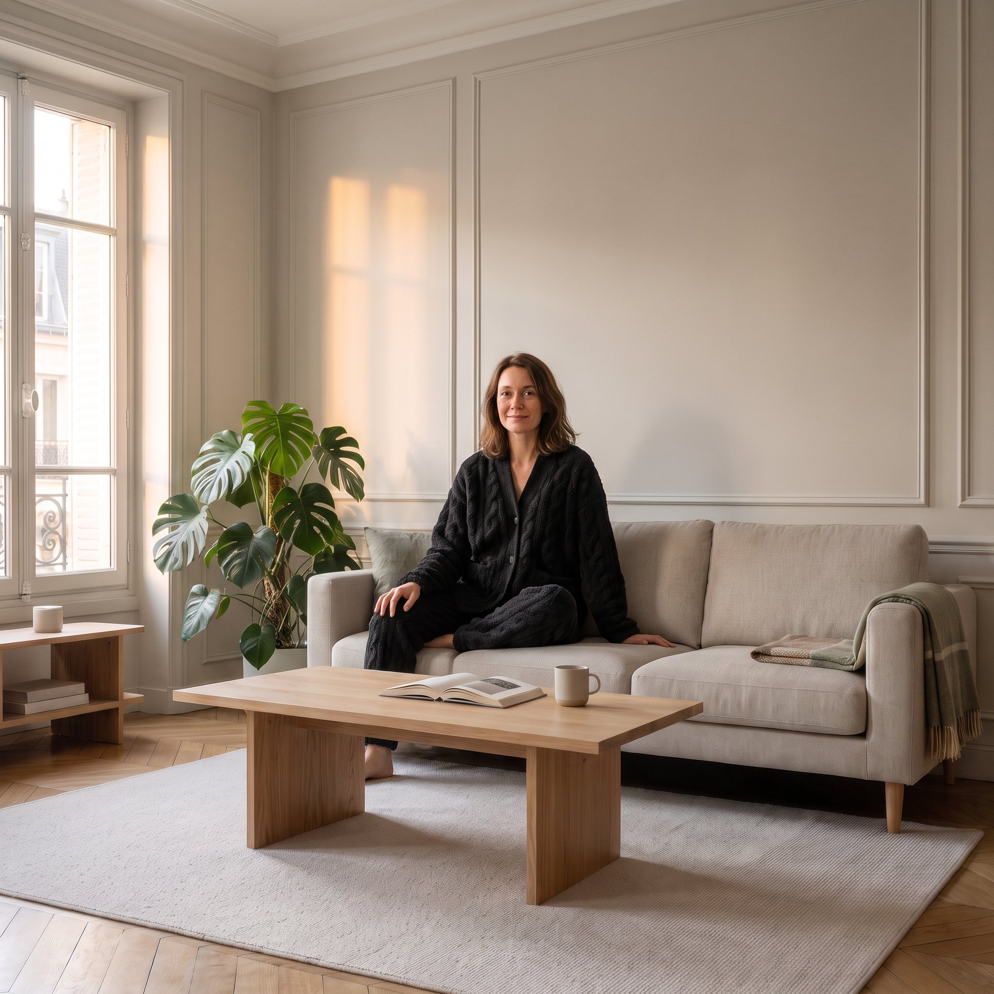 Femme en ensemble cocooning noir assise sur un canapé près d’une fenêtre, une tasse à portée Image