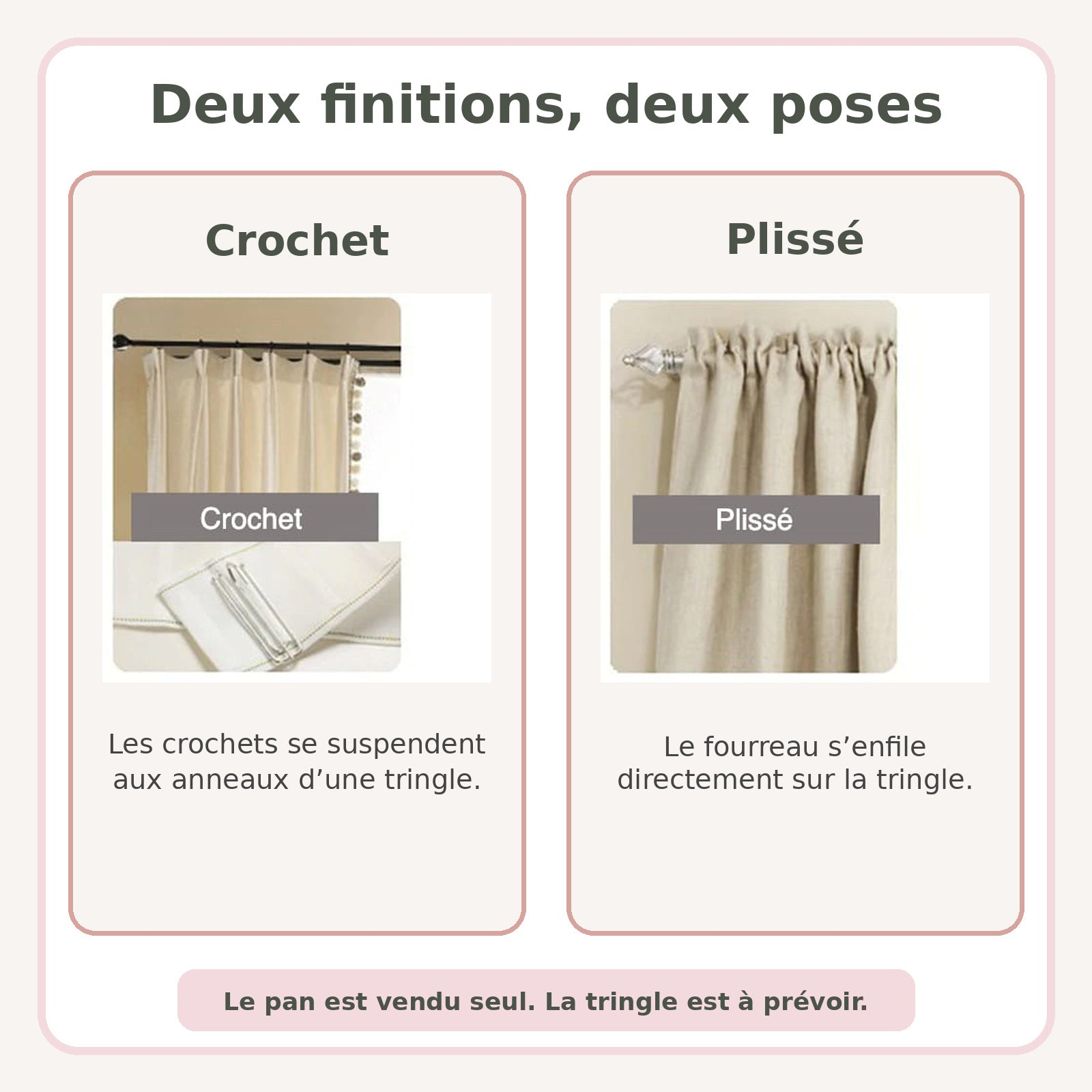 Comparaison des finitions Crochet sur anneaux et Plissé directement sur tringle Image