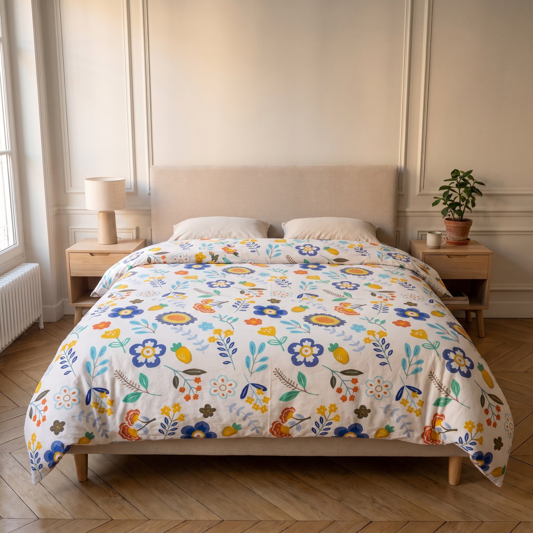 Retombée de la housse de couette fleurie de chaque côté du lit Image