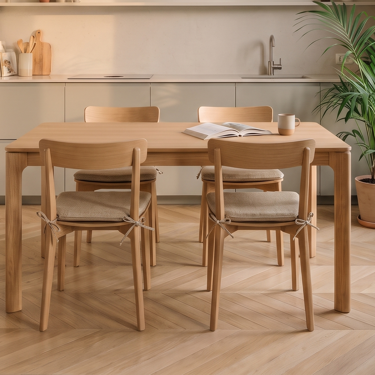 Liens arrière fins d’un coussin de chaise beige noués au dossier