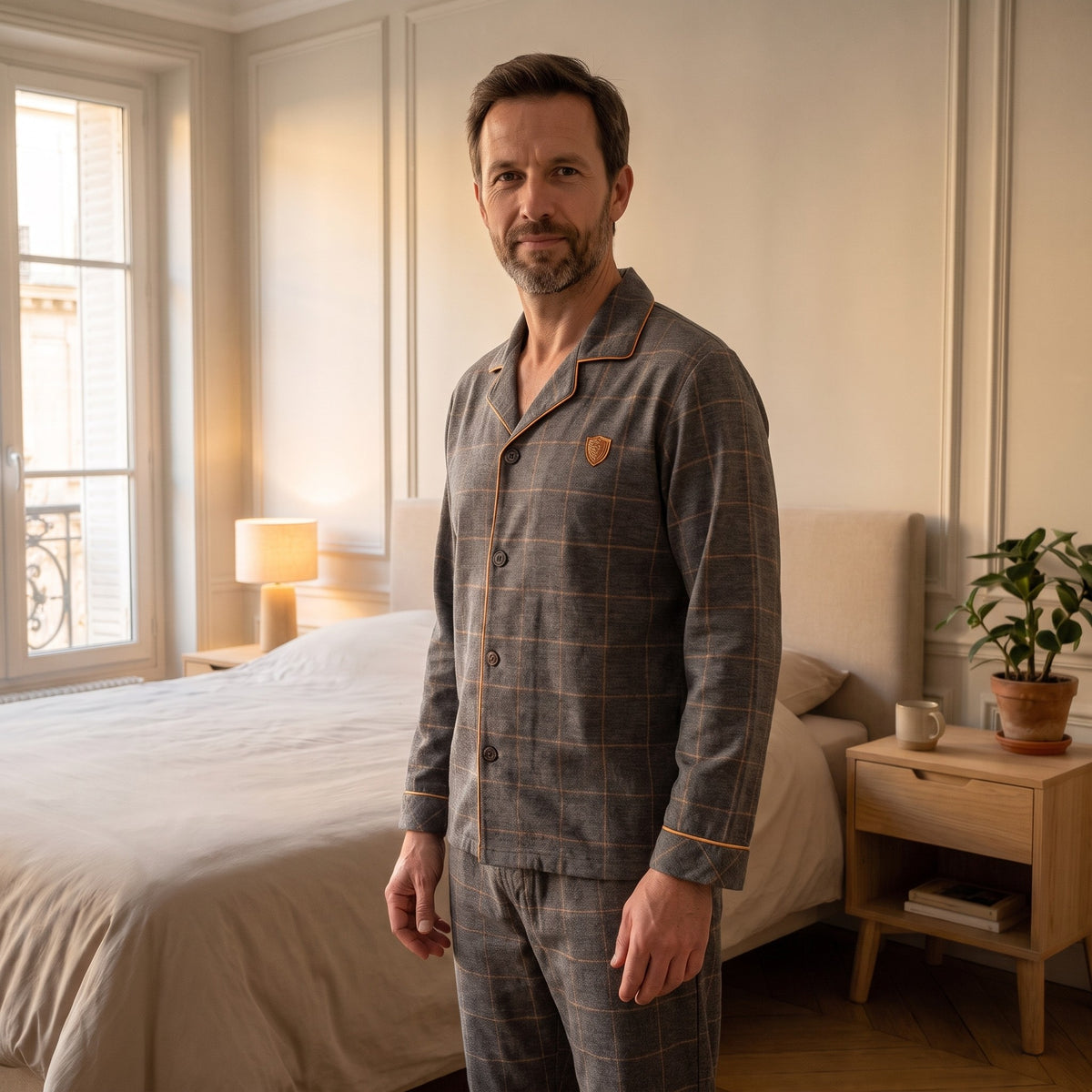 Le tombé de la veste de pyjama en coton gris, écusson brodé de poitrine, debout dans la chambre Image
