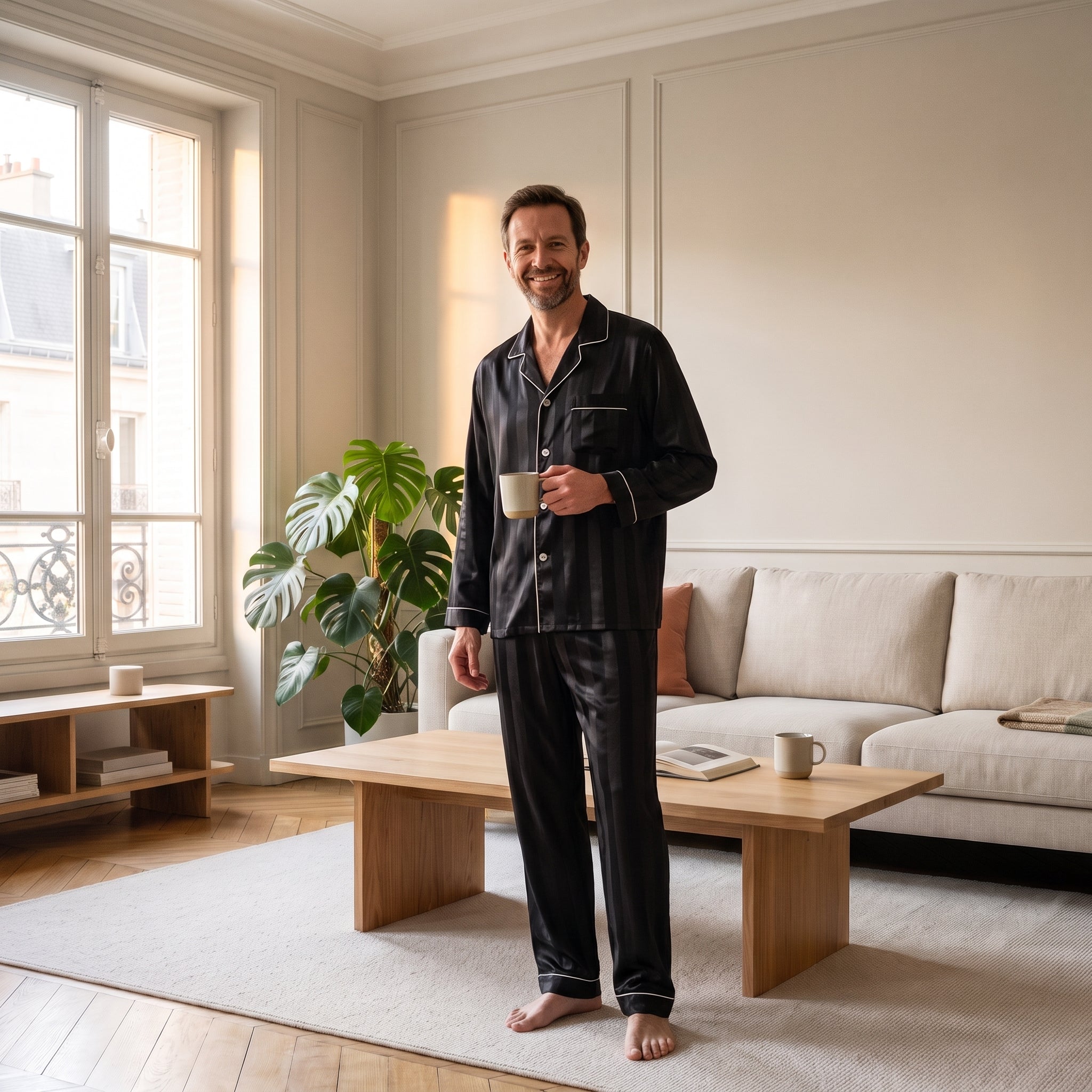 Homme du casting en pyjama noir debout, une tasse à la main Image