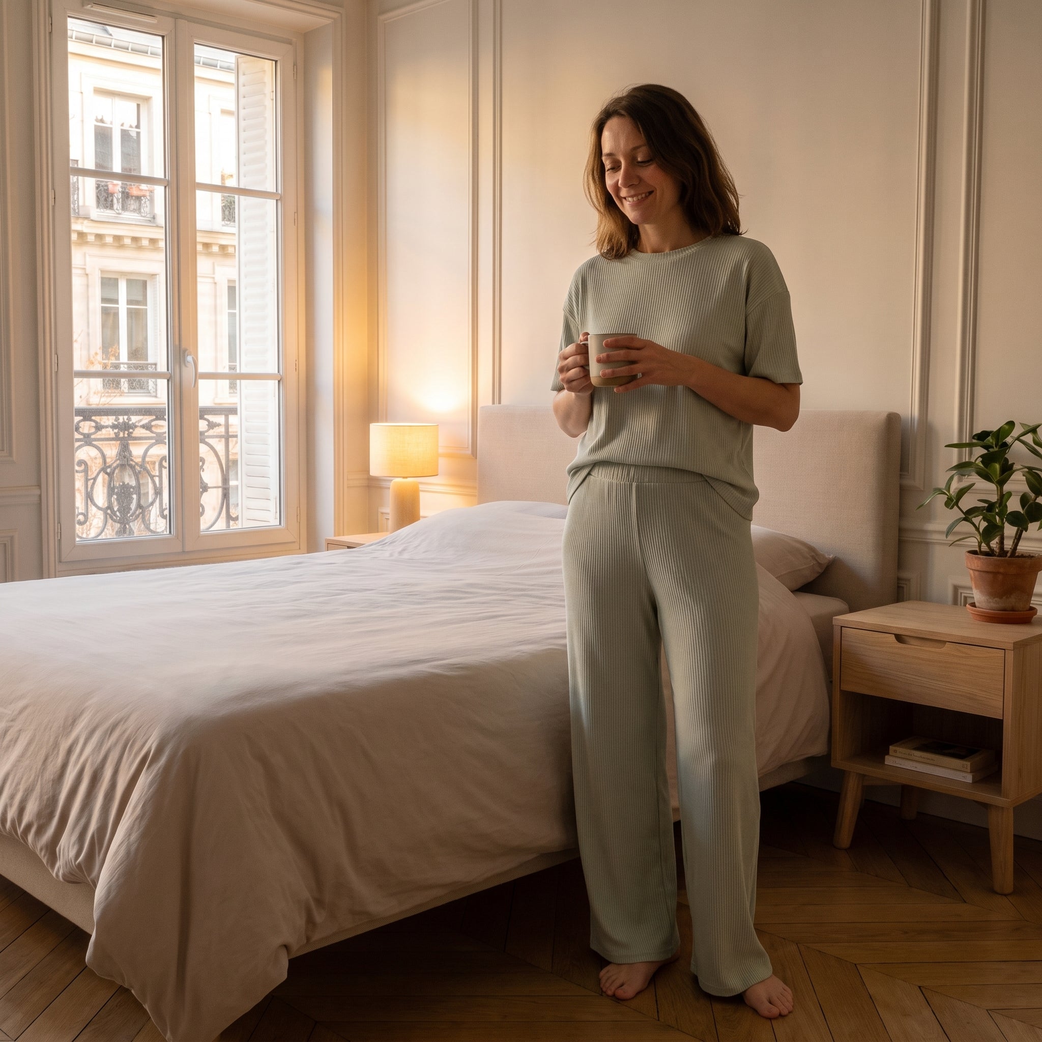 Femme en pyjama côtelé vert sauge dans sa chambre en fin de journée Image
