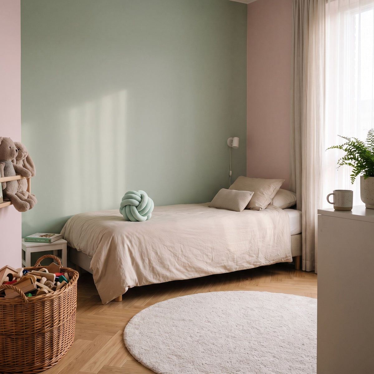 Coussin nœud vert d'eau posé sur le lit d'une chambre d'enfant aux murs vert sauge et rose Image