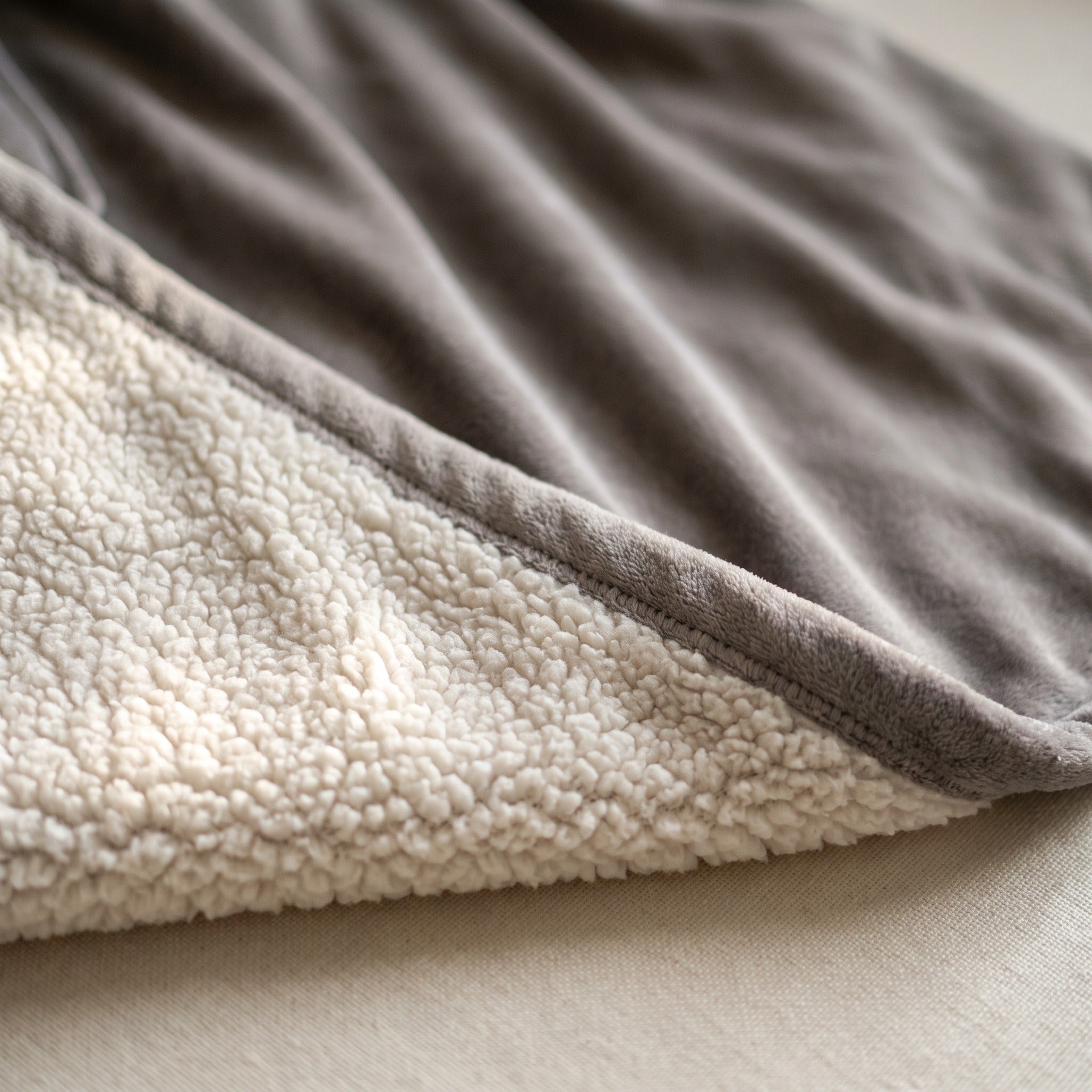 Gros plan sur les deux faces du textile côte à côte : la microfibre ras grise et le sherpa crème moutonné, séparés par la couture du bord Image