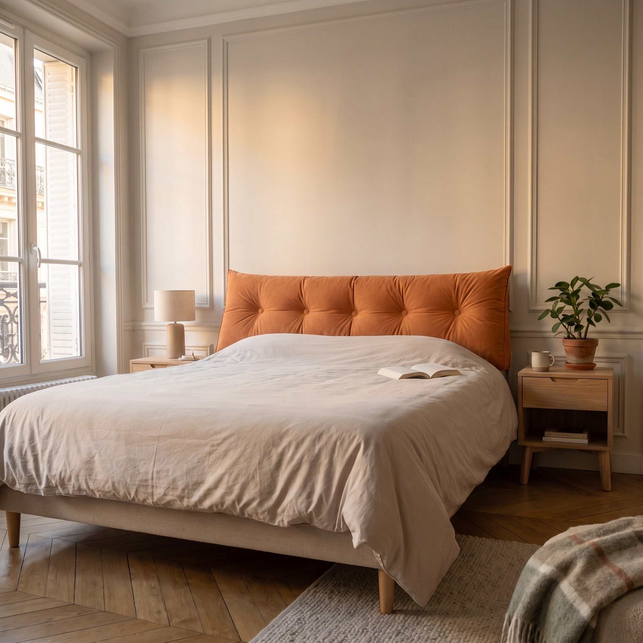 Coussin de chevet triangulaire terracotta vu depuis le pied du lit, occupant toute la largeur du matelas d'un bord à l'autre Image