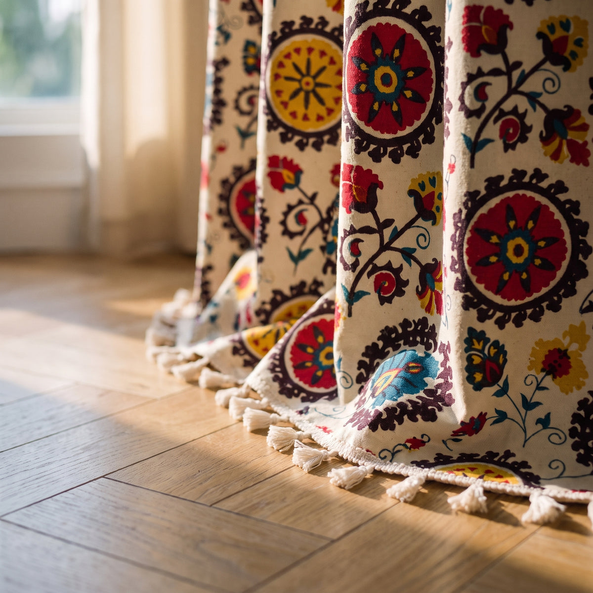 Frange de pompons écrus au bas du rideau bohème, près du parquet