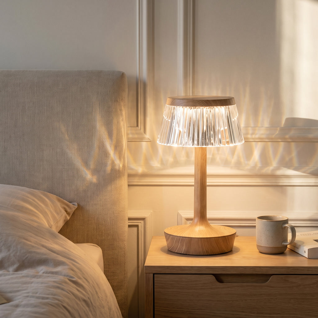Lampe de chevet LED tactile en bois clair sur une table de nuit