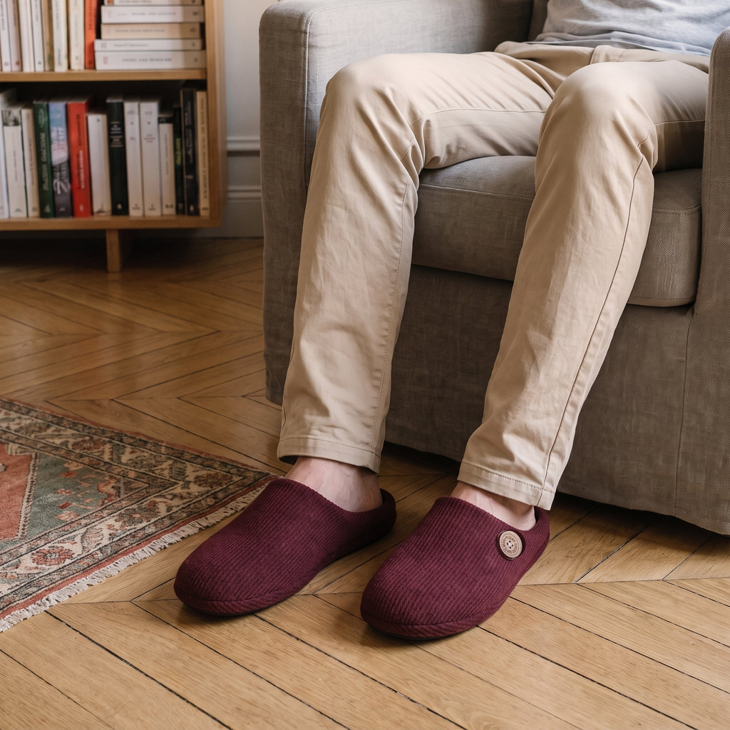 Chaussons homme bordeaux portés dans le salon