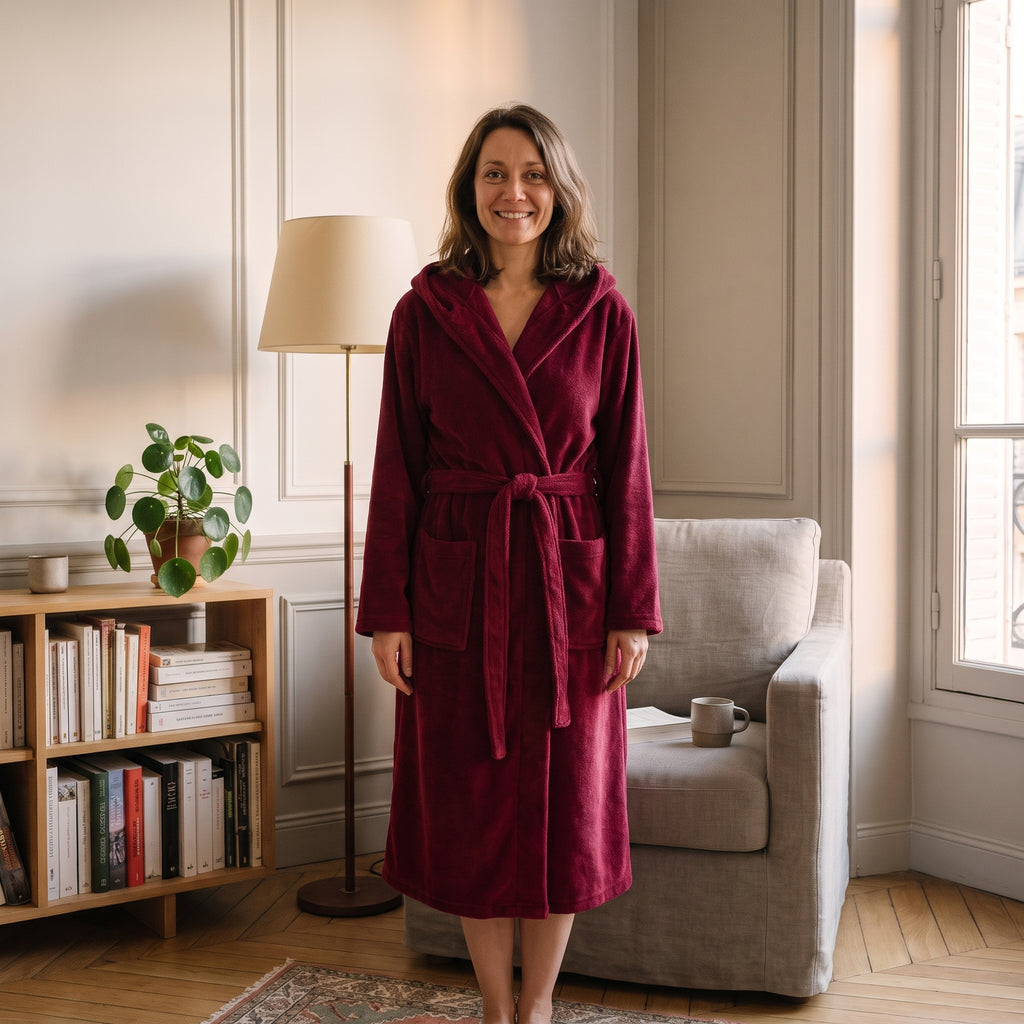 Femme du casting portant la robe de chambre longue Bordeaux à capuche dans le coin lecture