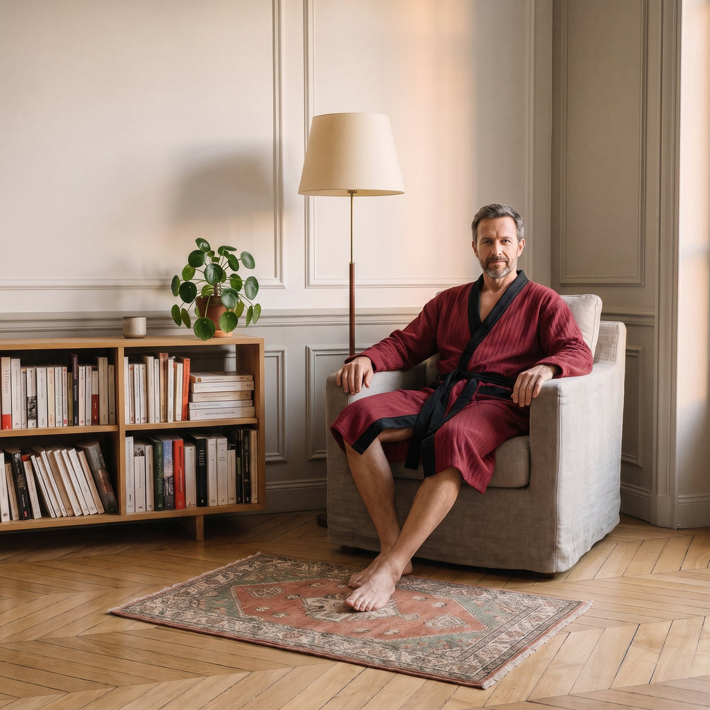 Robe de chambre homme bordeaux rayée portée dans le coin lecture