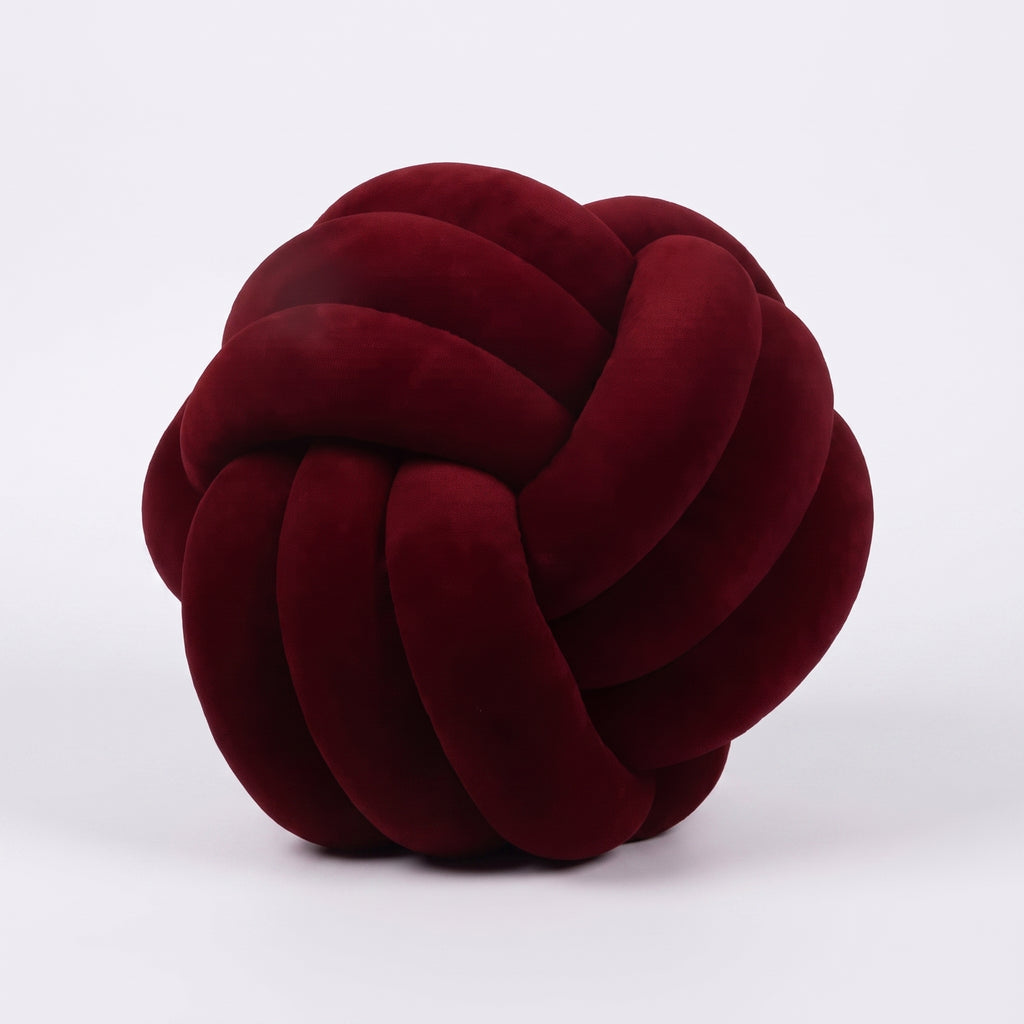 Coussin nœud en velours bordeaux, boule tressée de 20 cm