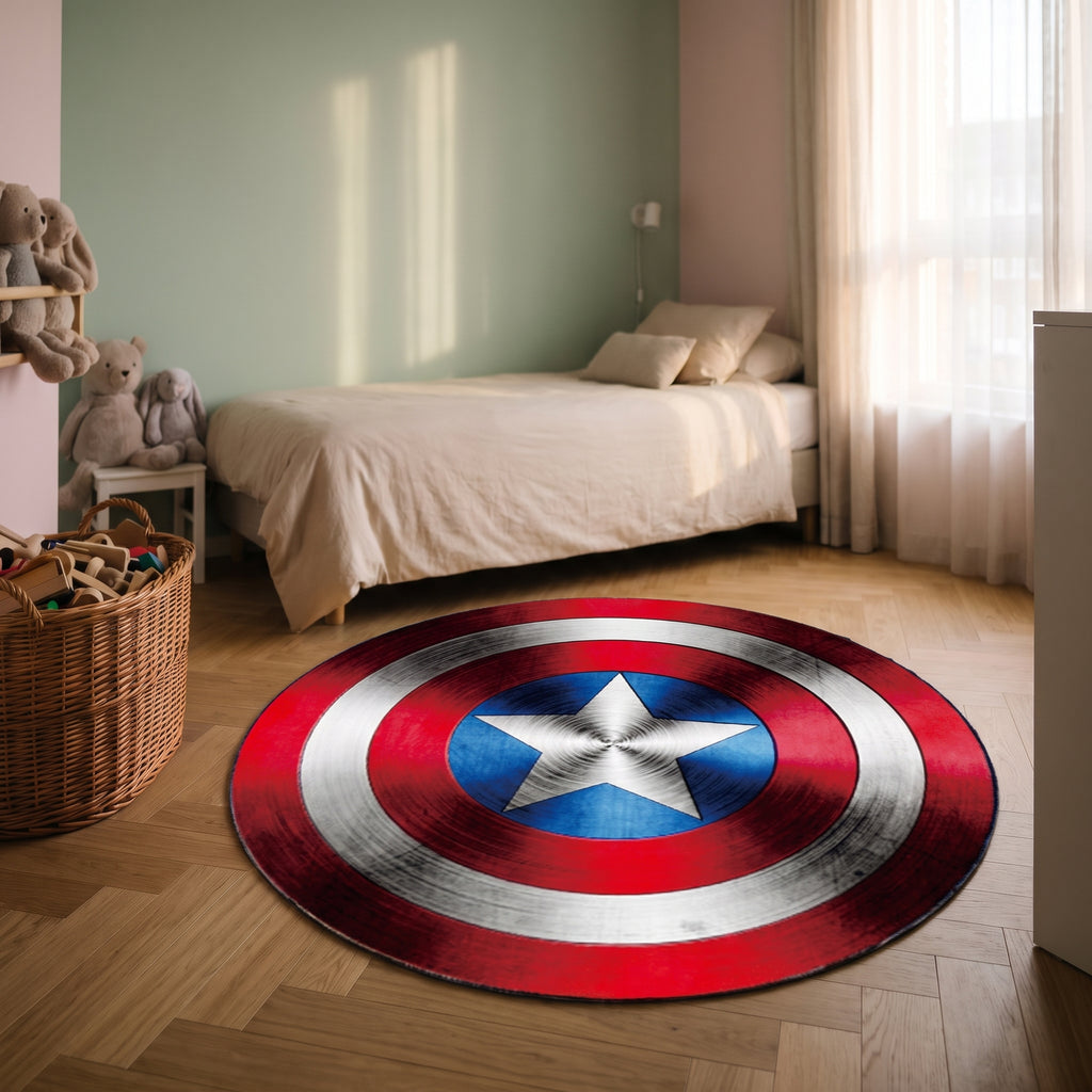 Tapis rond enfant à bouclier étoilé vu en angle dans une chambre