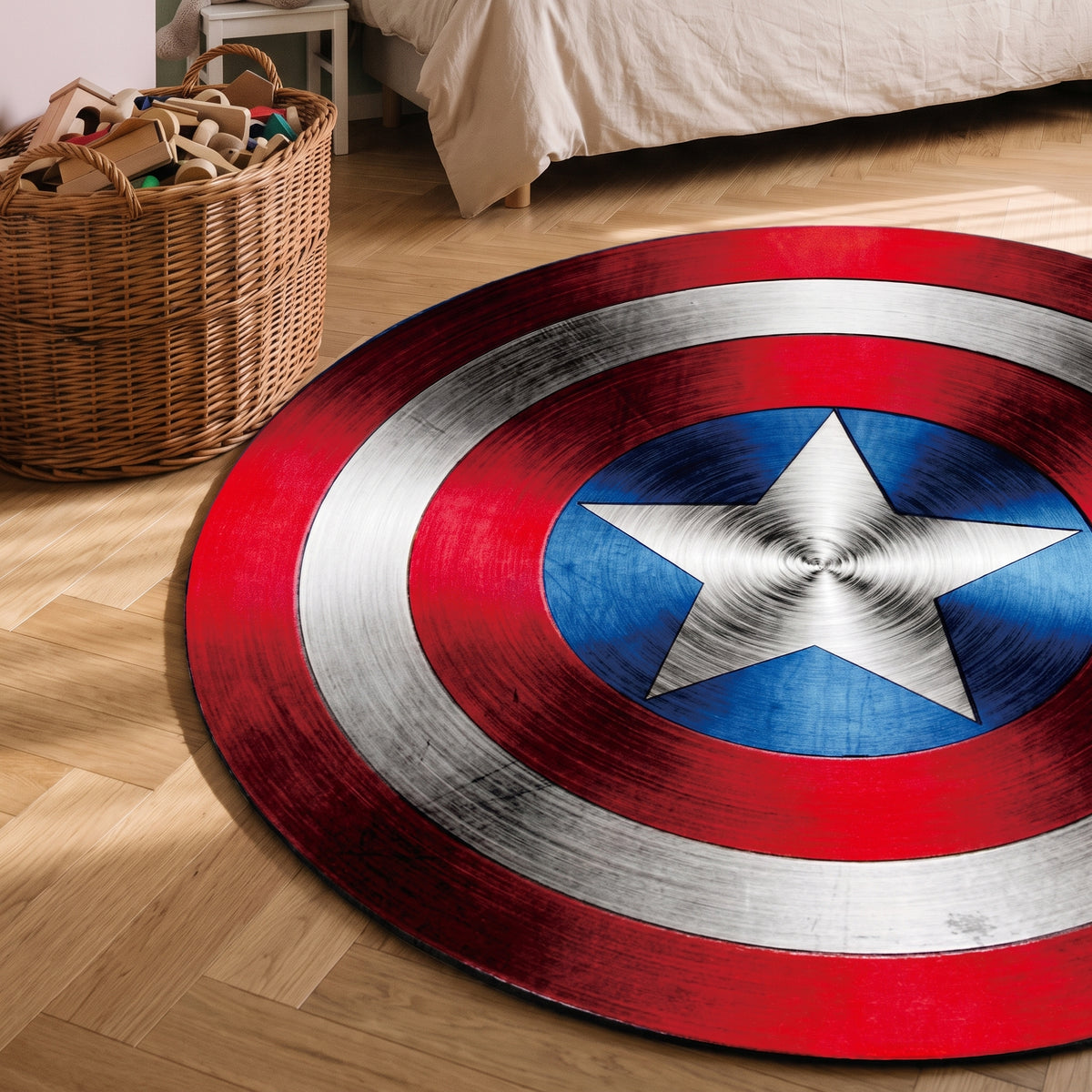 Bord et motif du tapis rond enfant à bouclier étoilé