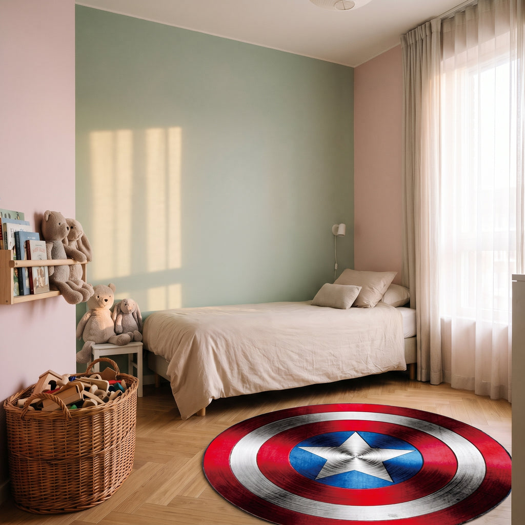 Tapis rond enfant à bouclier étoilé dans une chambre