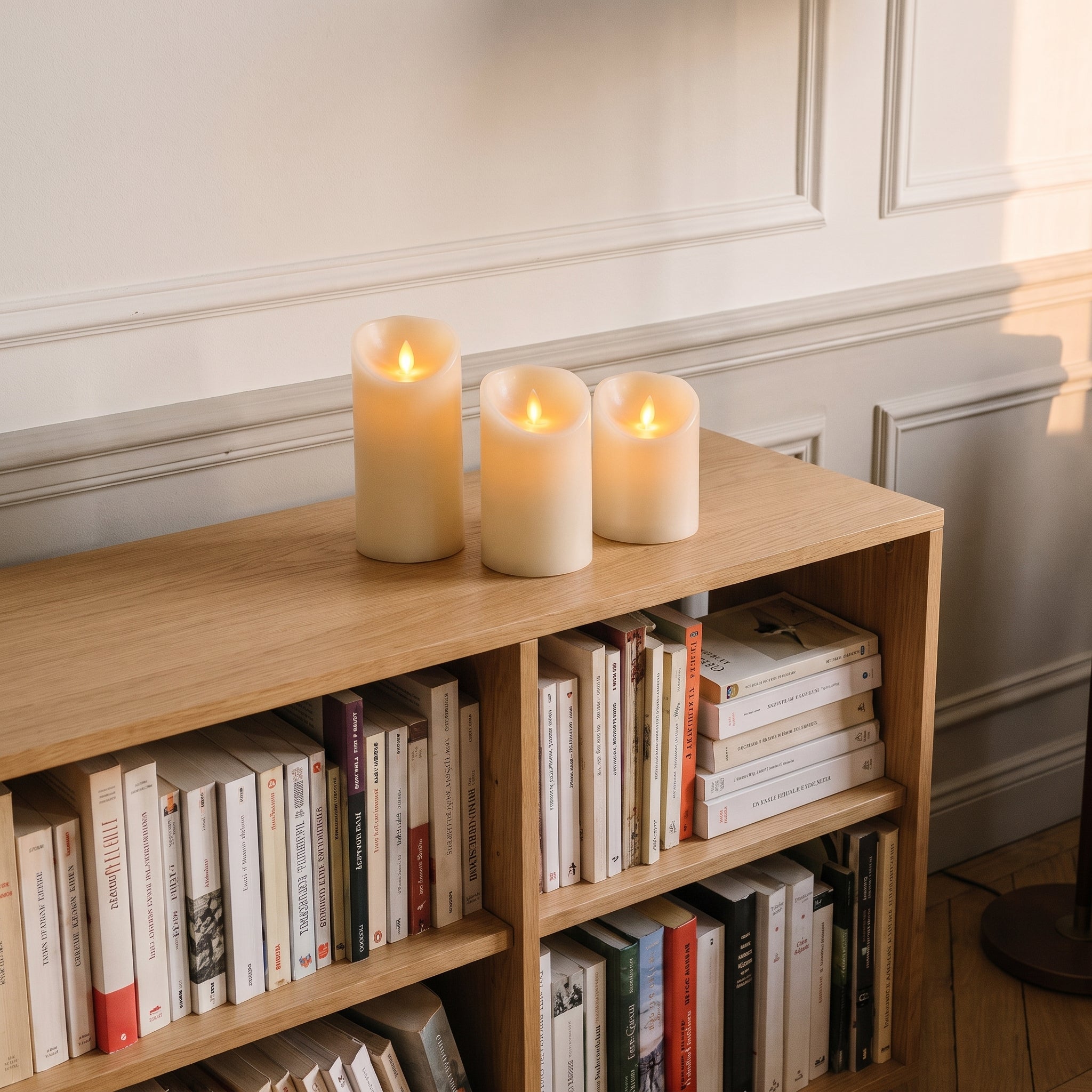 Les trois bougies LED posées sur une étagère en bois clair, au-dessus des livres Image