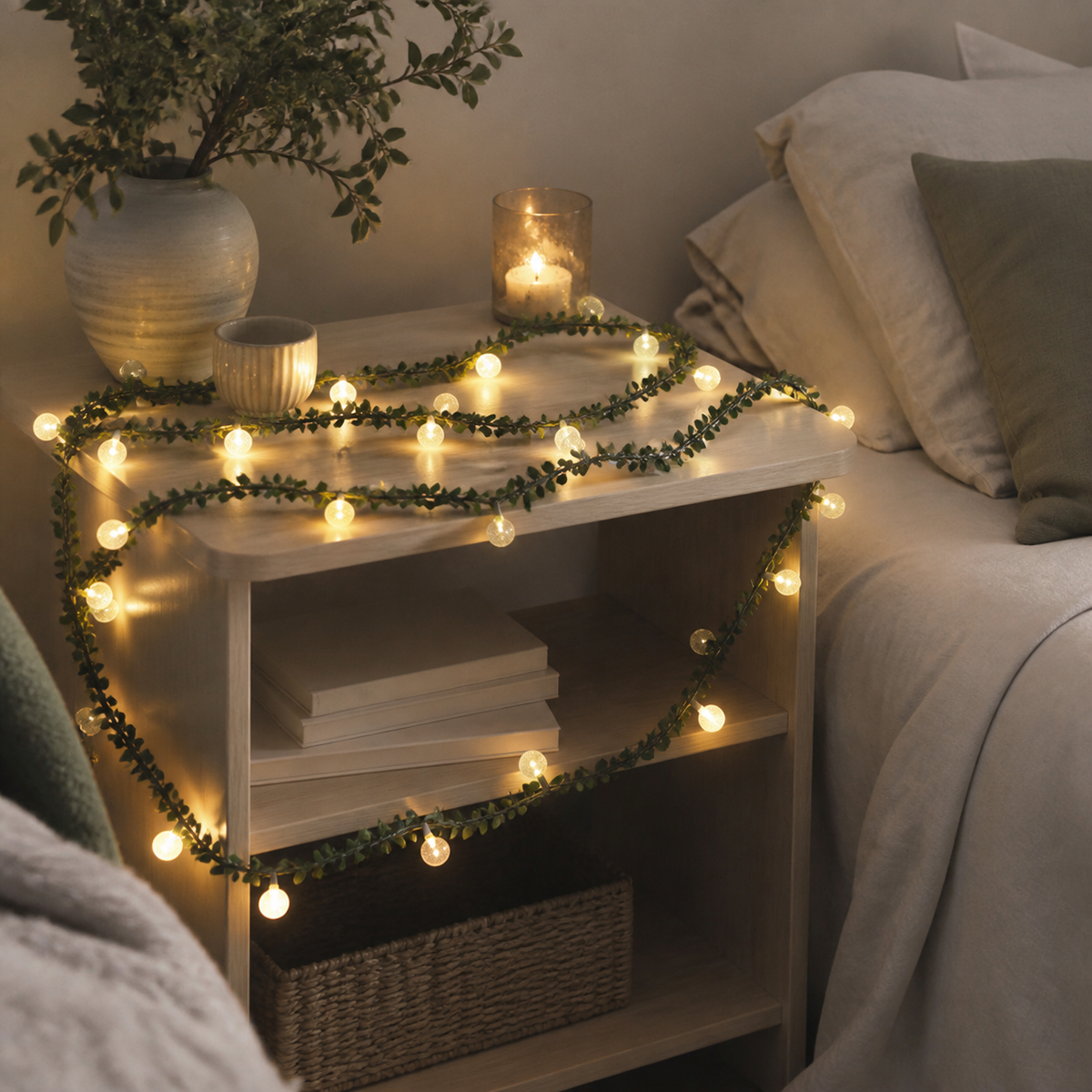 Guirlande lumineuse à bulles claires autour d'un chevet en bois
