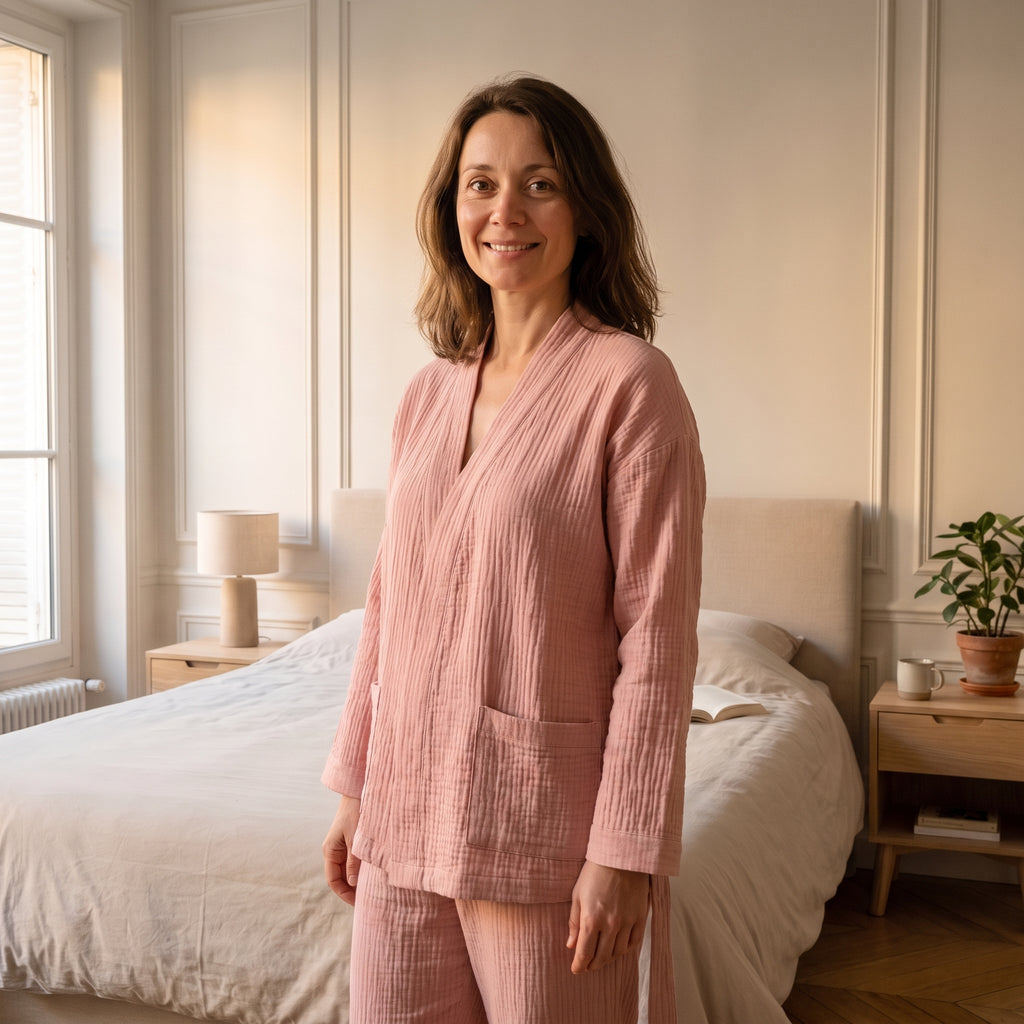Pyjama kimono gaze de coton porté femme - coupe