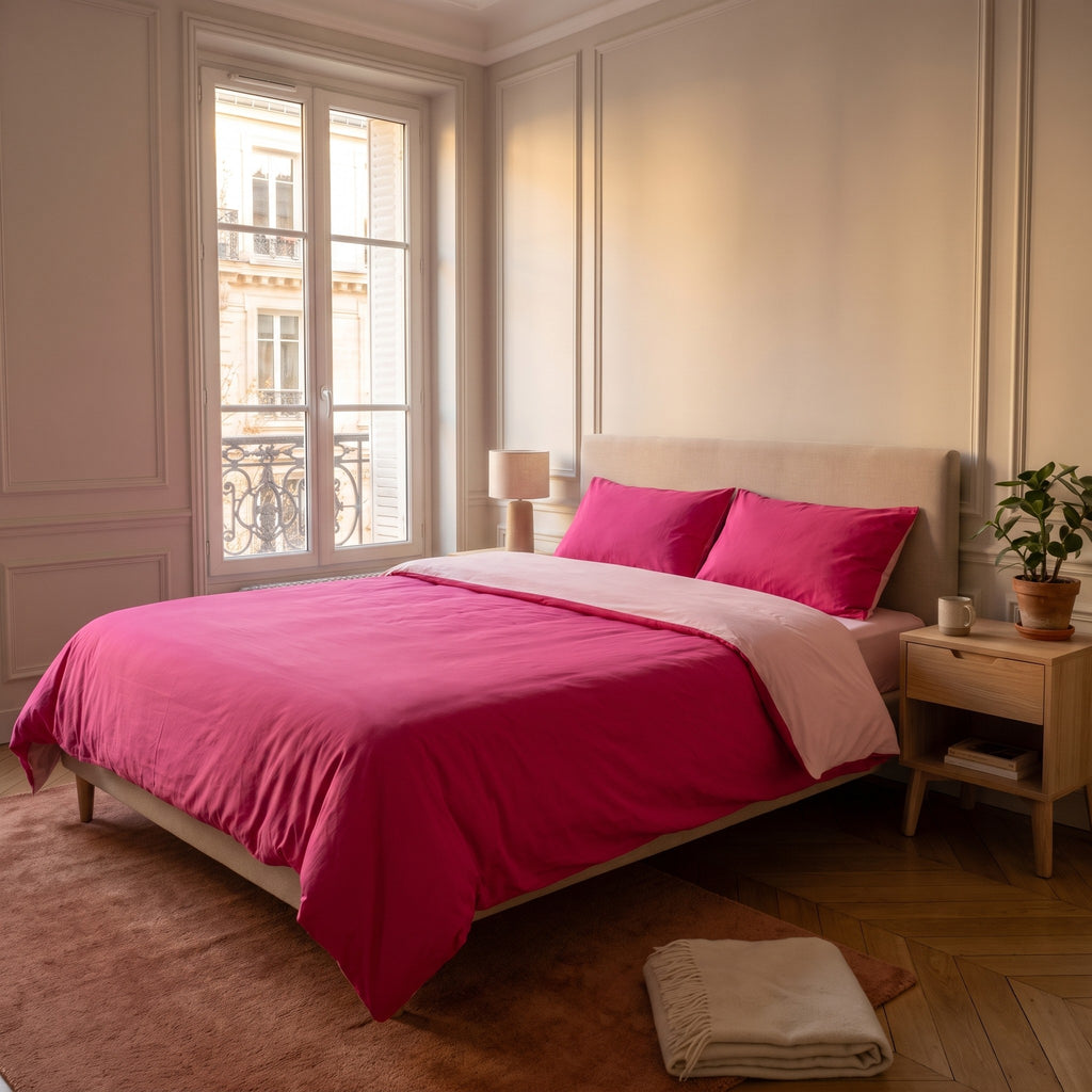 Chambre haussmannienne, lit fait avec la parure de lit reversible nuances de rose, le revers rabattu en tete de lit, vue du pied du lit