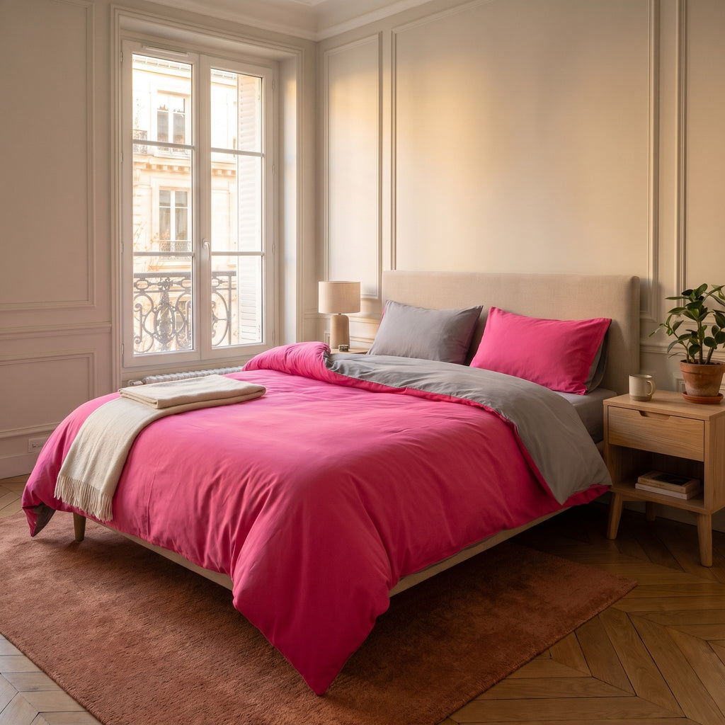 Chambre haussmannienne, lit fait avec la parure de lit reversible rose et gris, le revers rabattu en tete de lit, vue du pied du lit