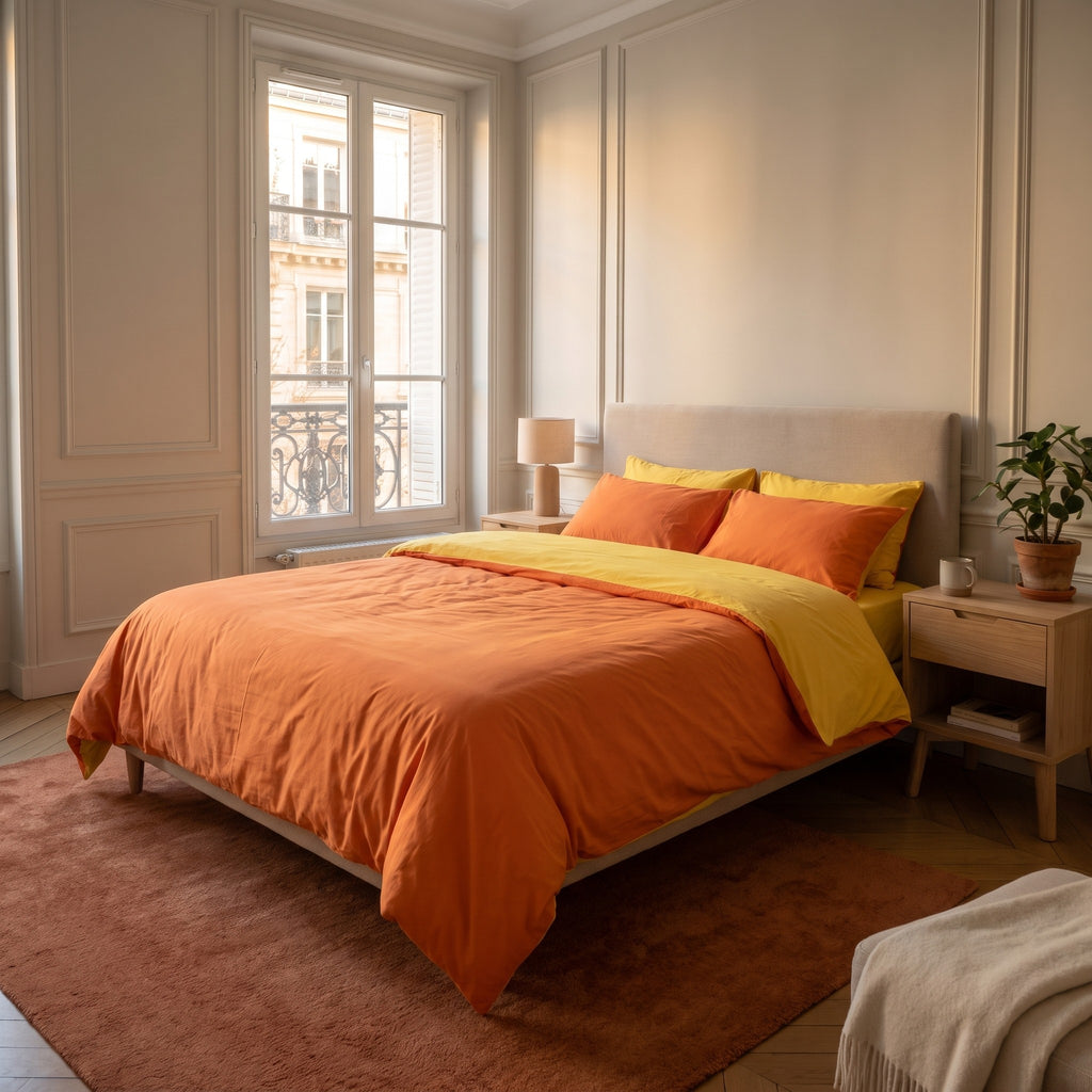 Chambre haussmannienne, lit fait avec la parure de lit reversible orange et jaune, le revers rabattu en tete de lit, vue du pied du lit