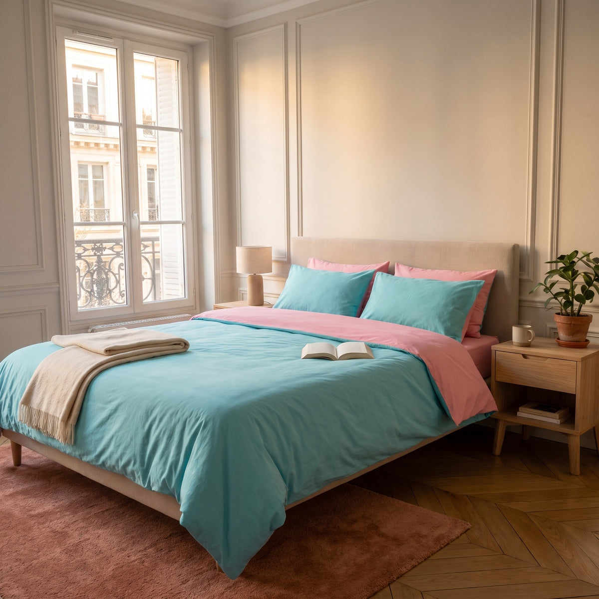 Chambre haussmannienne, lit fait avec la parure de lit reversible vert et rose, le revers rabattu en tete de lit, vue du pied du lit