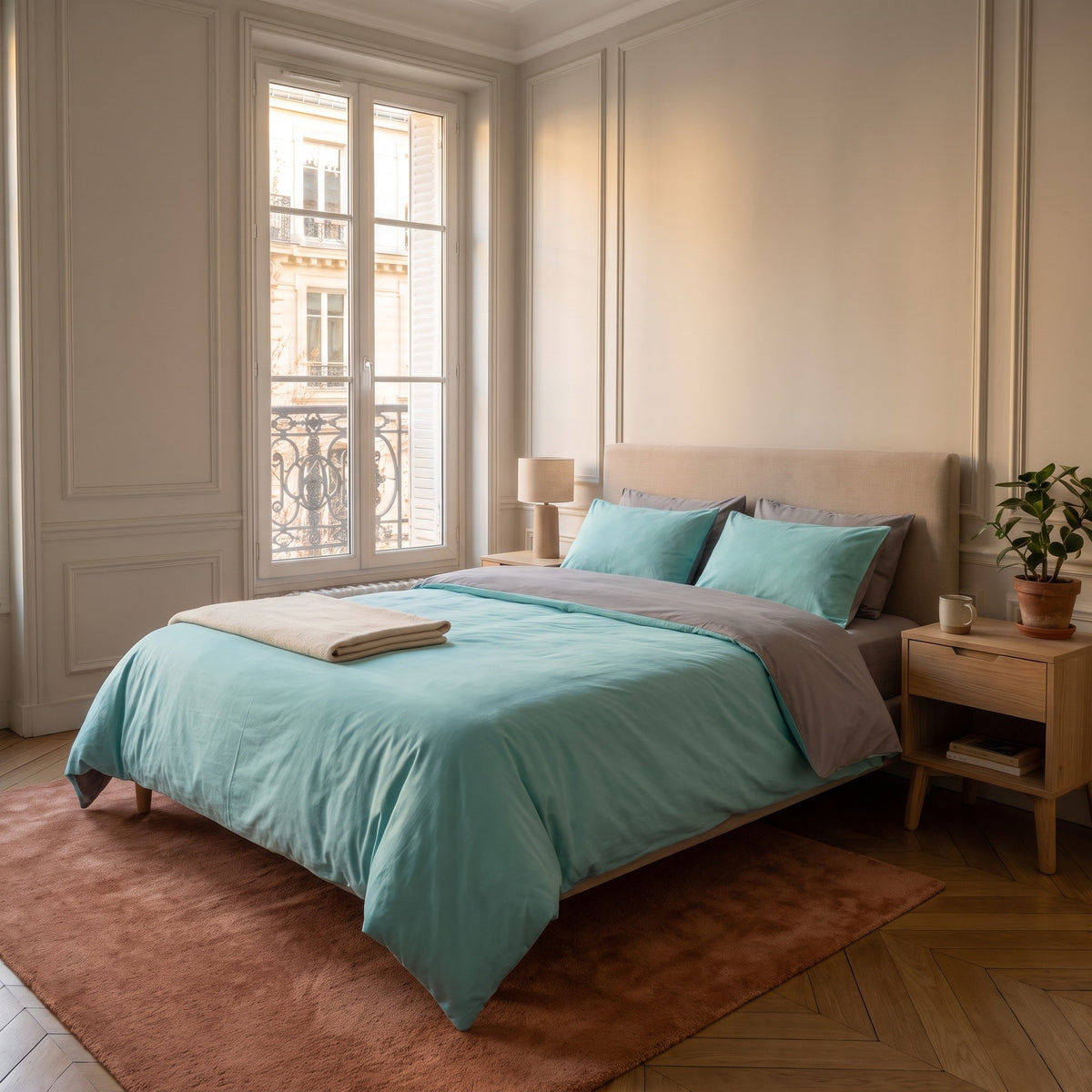 Chambre haussmannienne, lit fait avec la parure de lit reversible vert et gris, le revers rabattu en tete de lit, vue du pied du lit