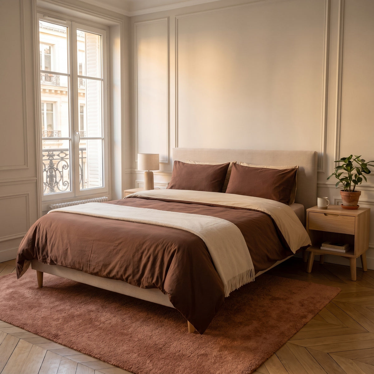 Chambre haussmannienne, lit fait avec la parure de lit reversible marron et beige, le revers rabattu en tete de lit, vue du pied du lit