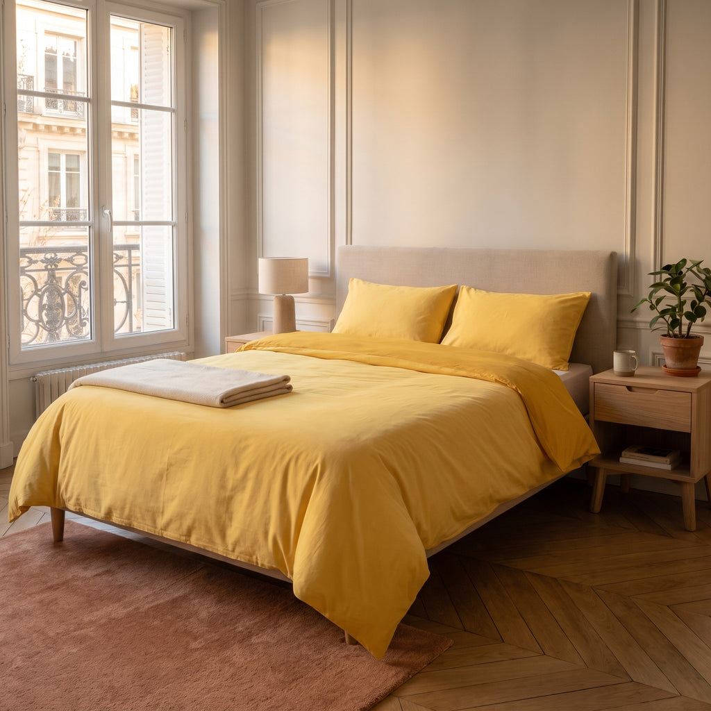 Chambre haussmannienne, lit fait avec la parure de lit reversible jaune, unie sur ses deux faces, vue du pied du lit