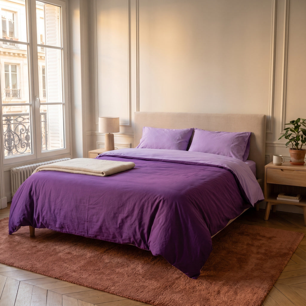 Chambre haussmannienne, lit fait avec la parure de lit reversible nuances de violet, le revers rabattu en tete de lit, vue du pied du lit