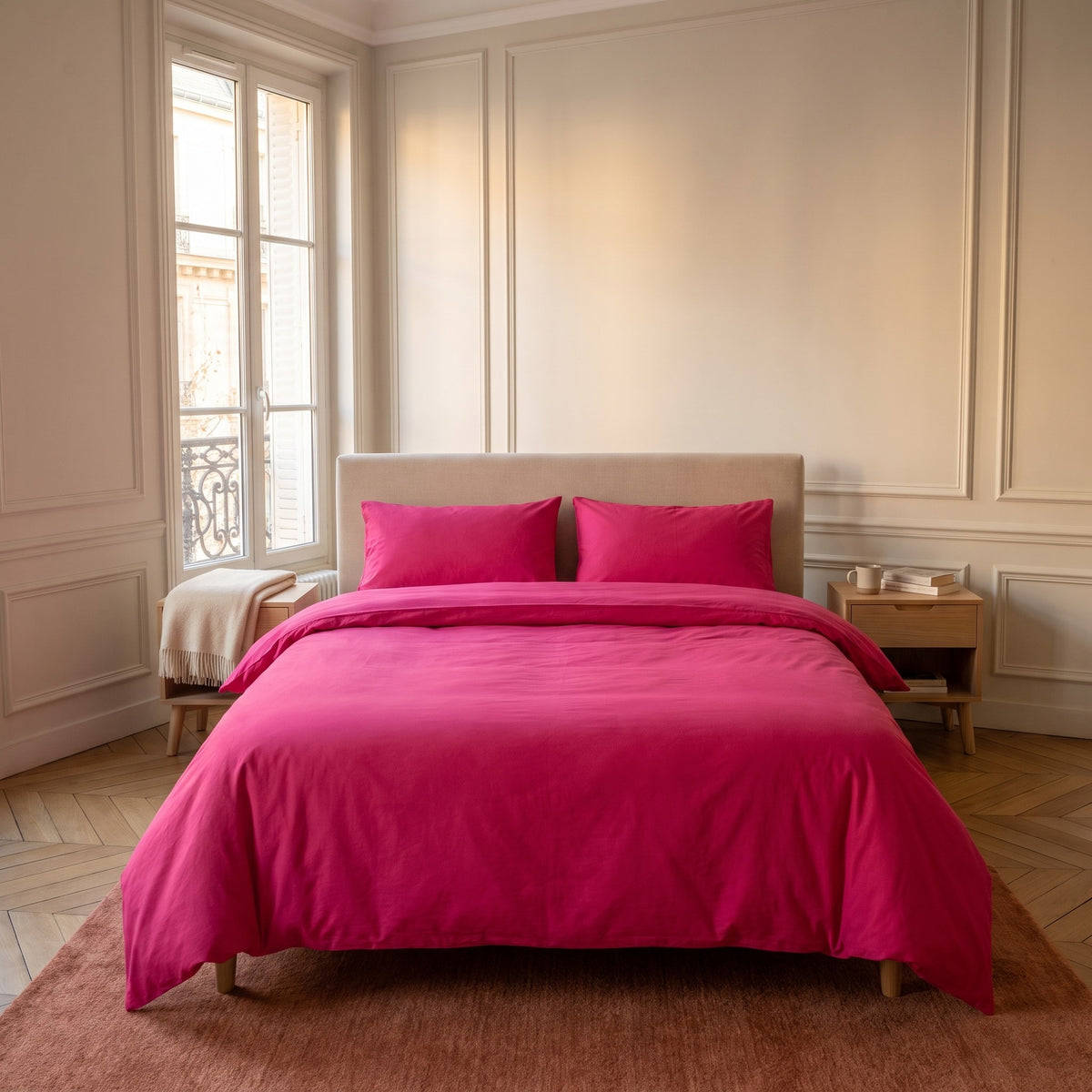 Chambre haussmannienne, lit fait avec la parure de lit reversible rose, unie sur ses deux faces, vue du pied du lit
