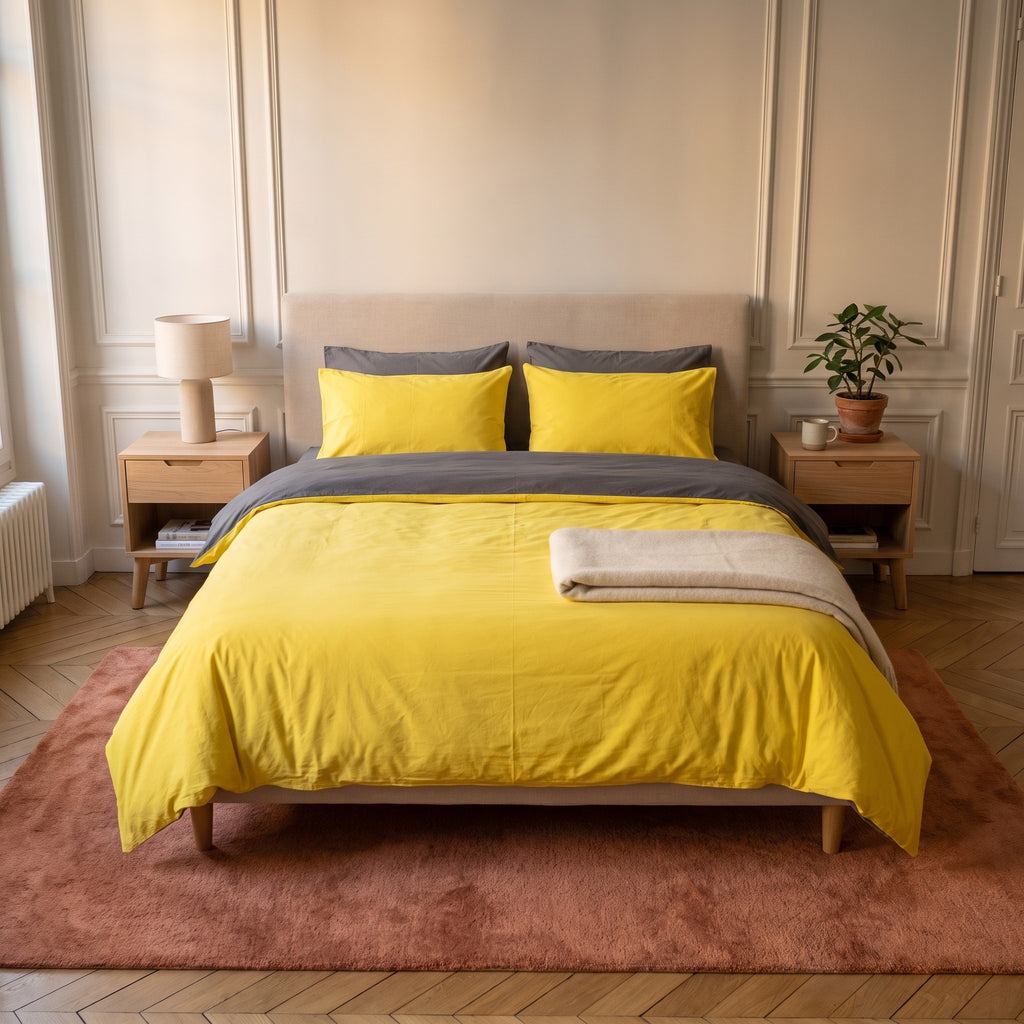Chambre haussmannienne, lit fait avec la parure de lit reversible jaune et gris, le revers rabattu en tete de lit, vue du pied du lit