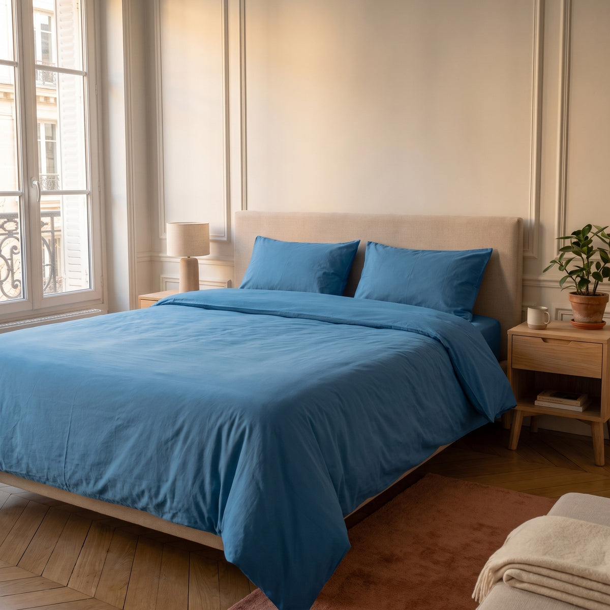 Chambre haussmannienne, lit fait avec la parure de lit reversible bleu clair, unie sur ses deux faces, vue du pied du lit