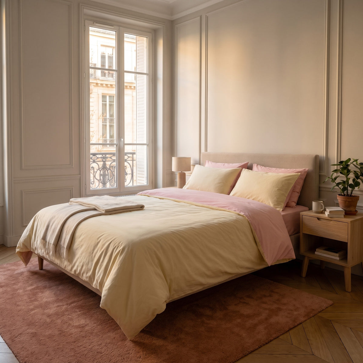 Chambre haussmannienne, lit fait avec la parure de lit reversible blanc et rose, le revers rabattu en tete de lit, vue du pied du lit